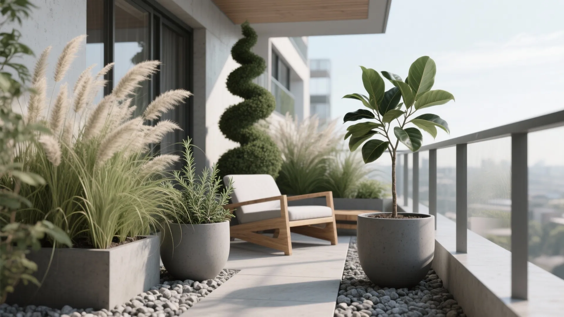 Minimal balcony with hardy grasses, a rosemary topiary, and a rubber plant in matte planters against wood and concrete.