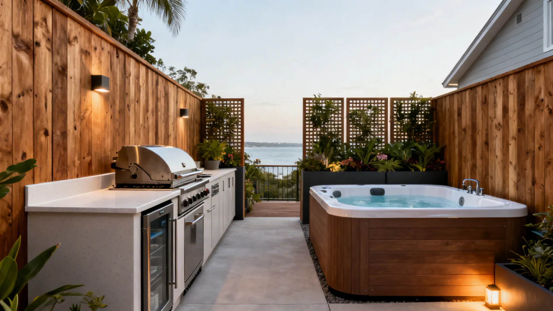 1) A wind-smart galley layout with a privacy corner spa
