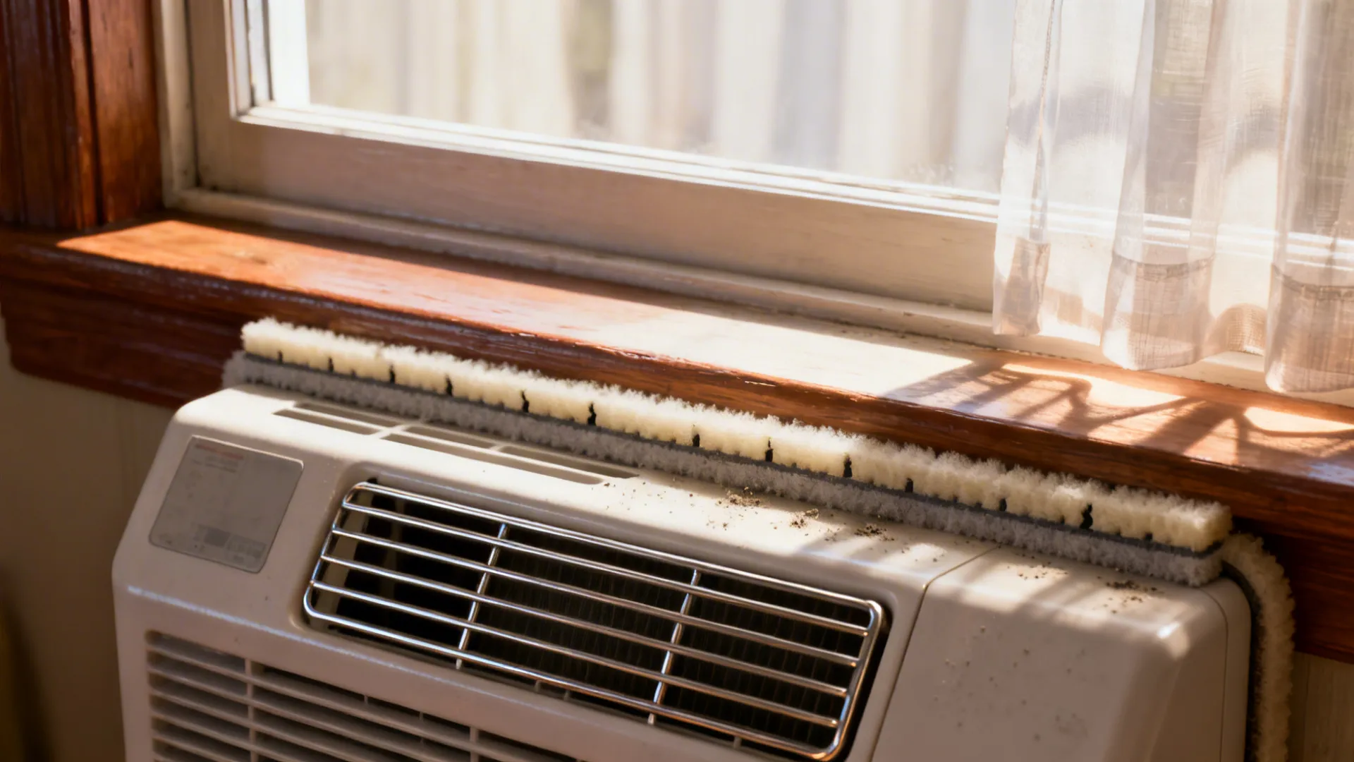 Close-up of a compact window air conditioner installed in a sash window with sealing strip and curtains.