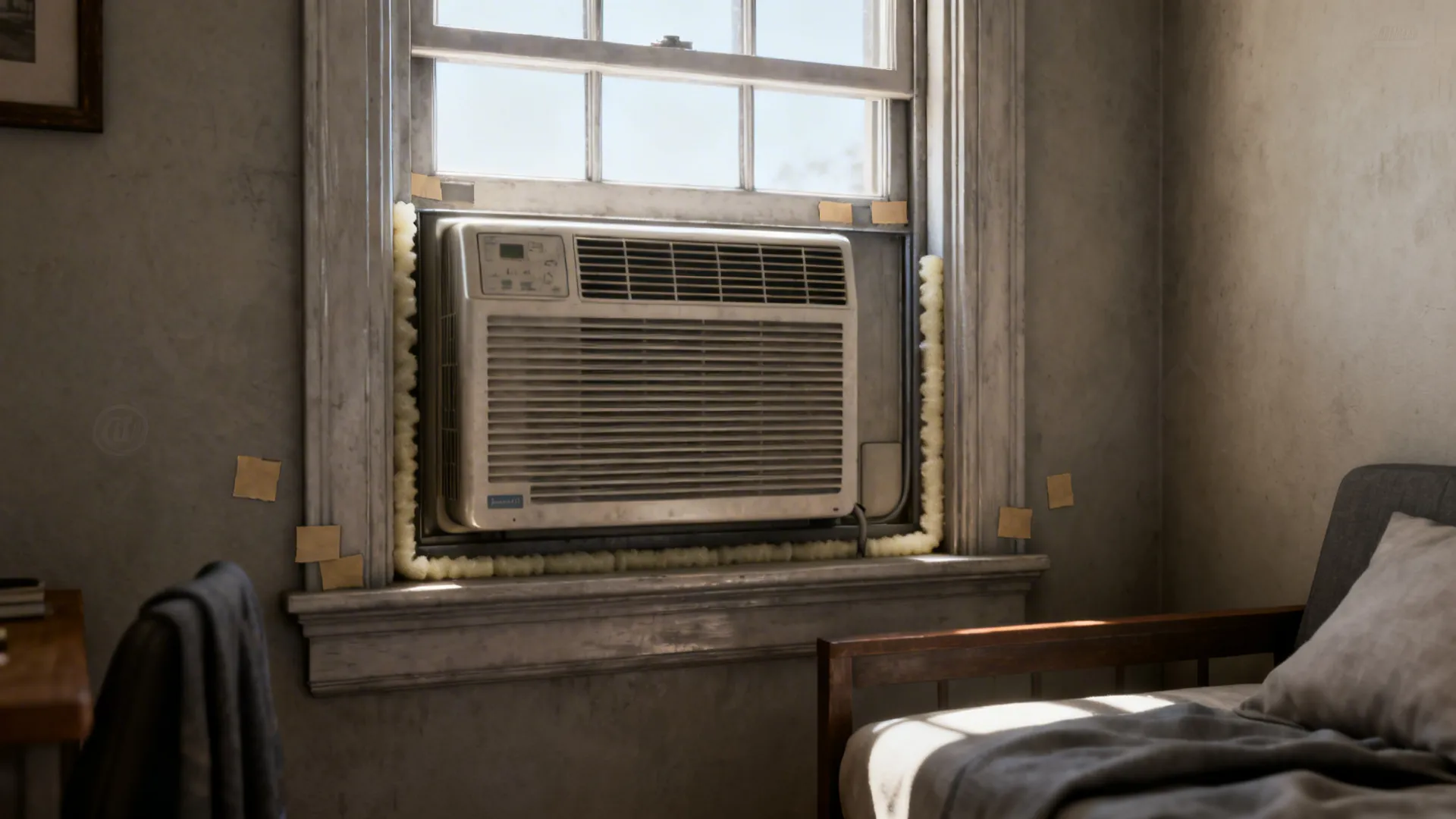 Window air conditioner installed with foam sealing and trim in a small room.