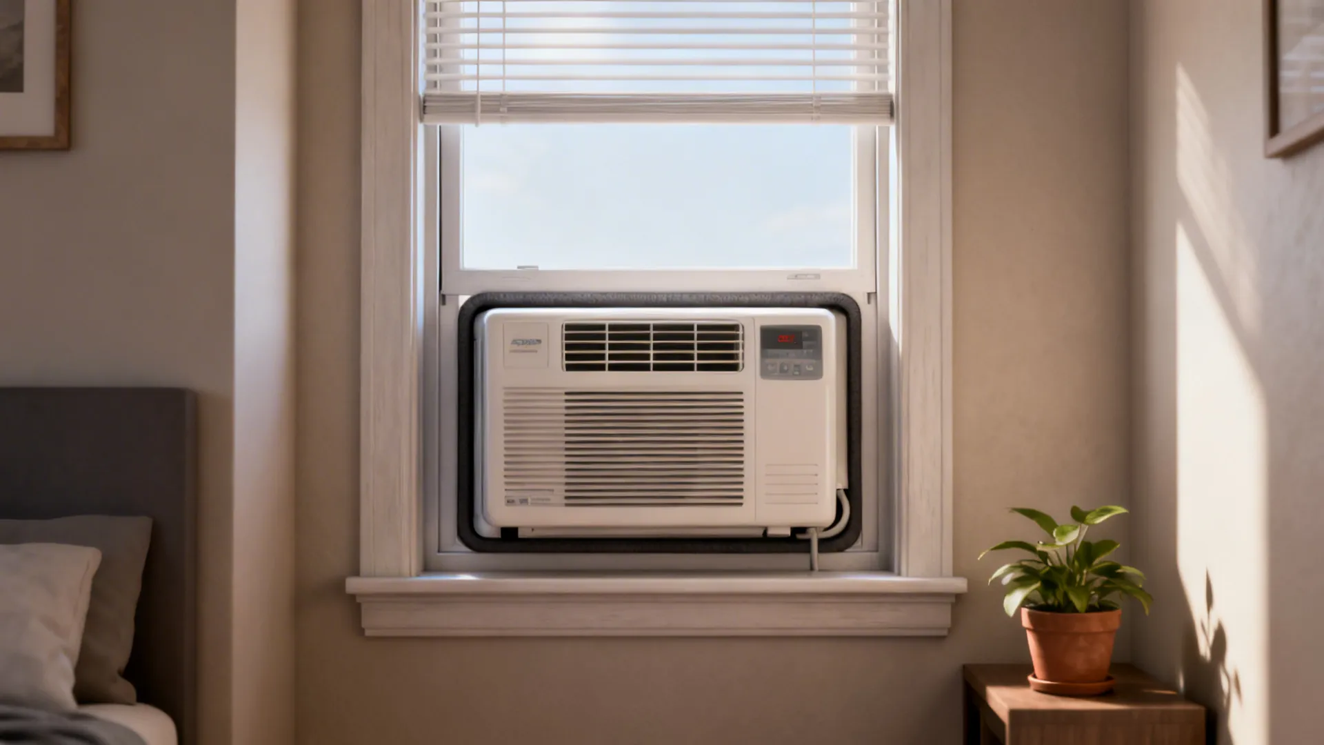 Window air conditioner installed in a small room window with natural daylight.