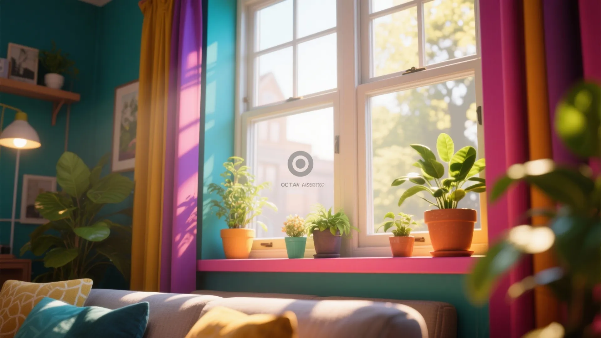 Living room window with vibrant accents and plants