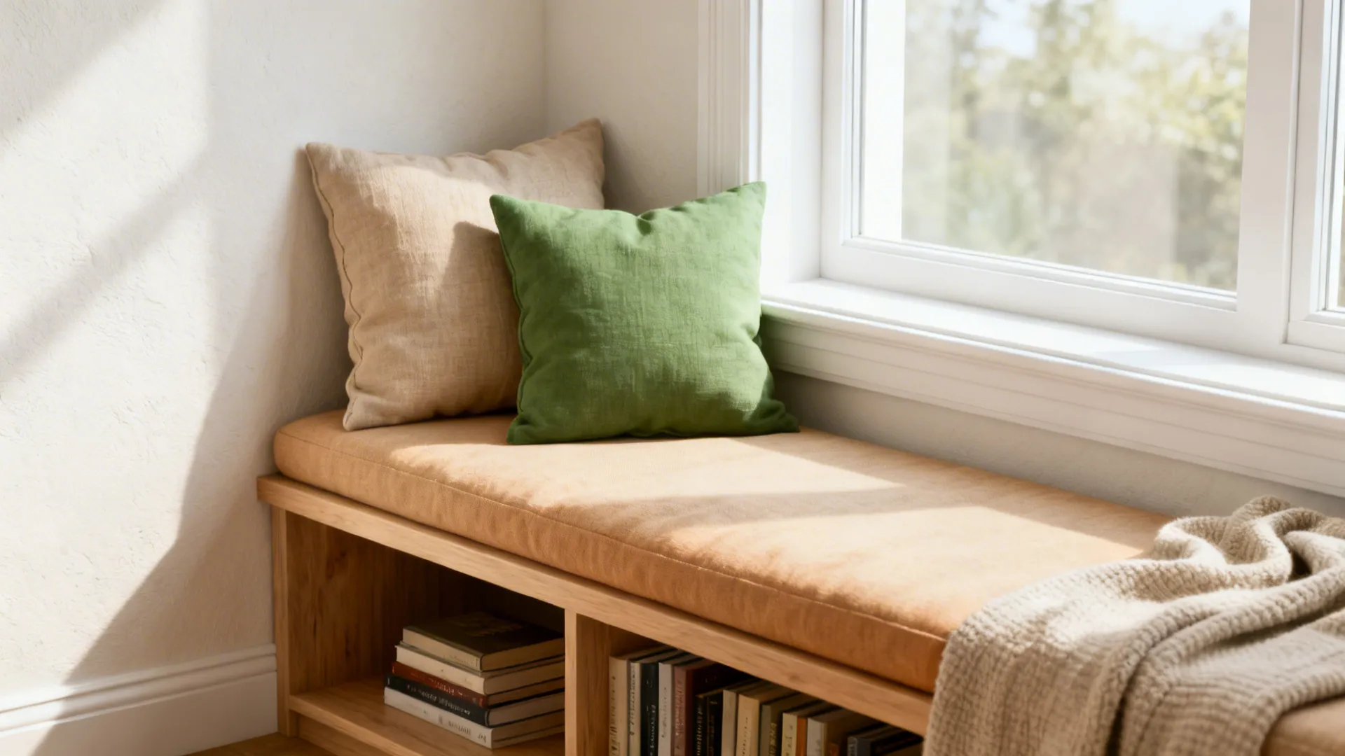 Bright window alcove nook with a slim bench, cushions, narrow shelf for books, and natural light.