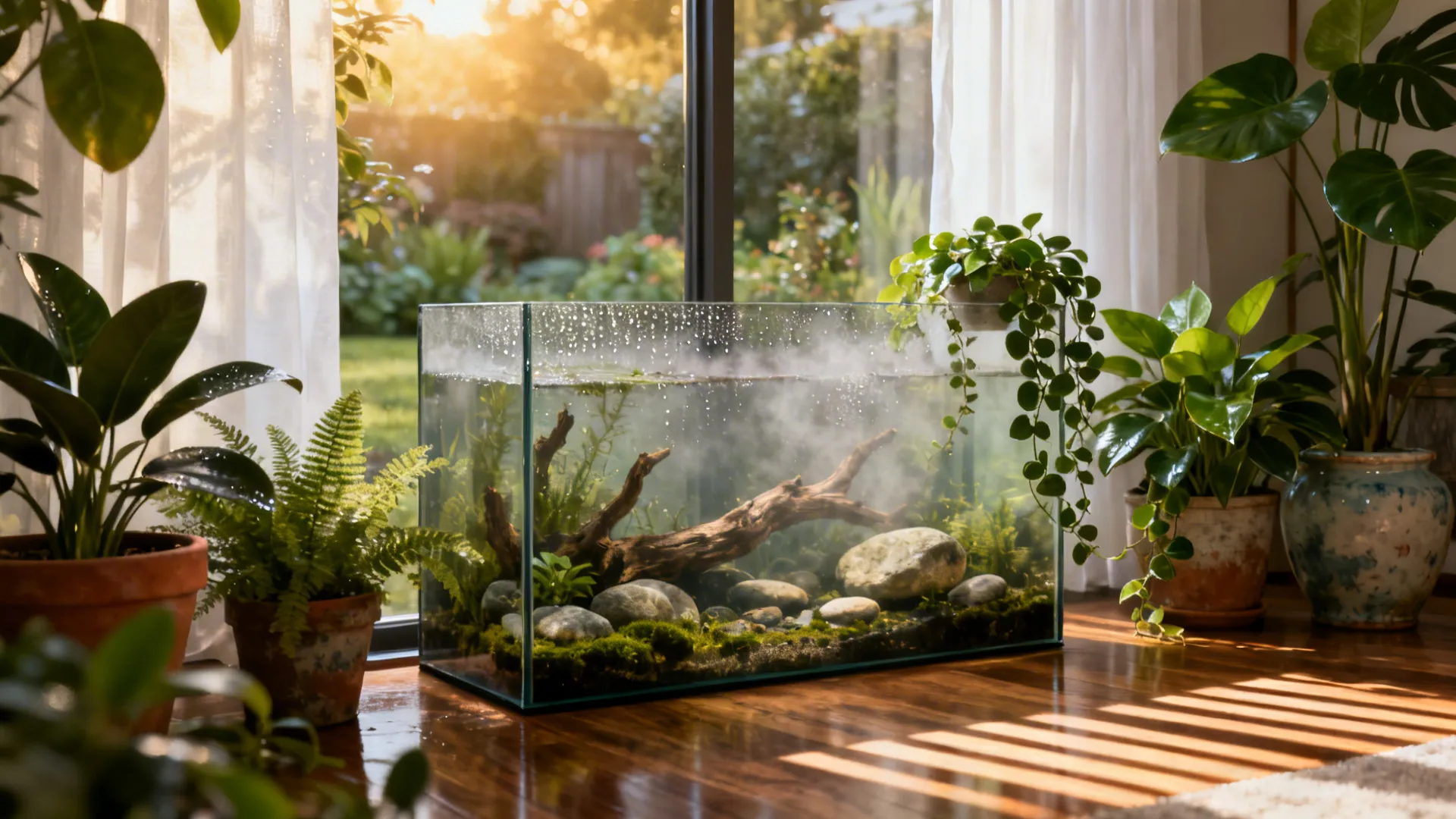 Low aquarium beside a sunlit window with layered houseplants creating a natural transition to outdoors.