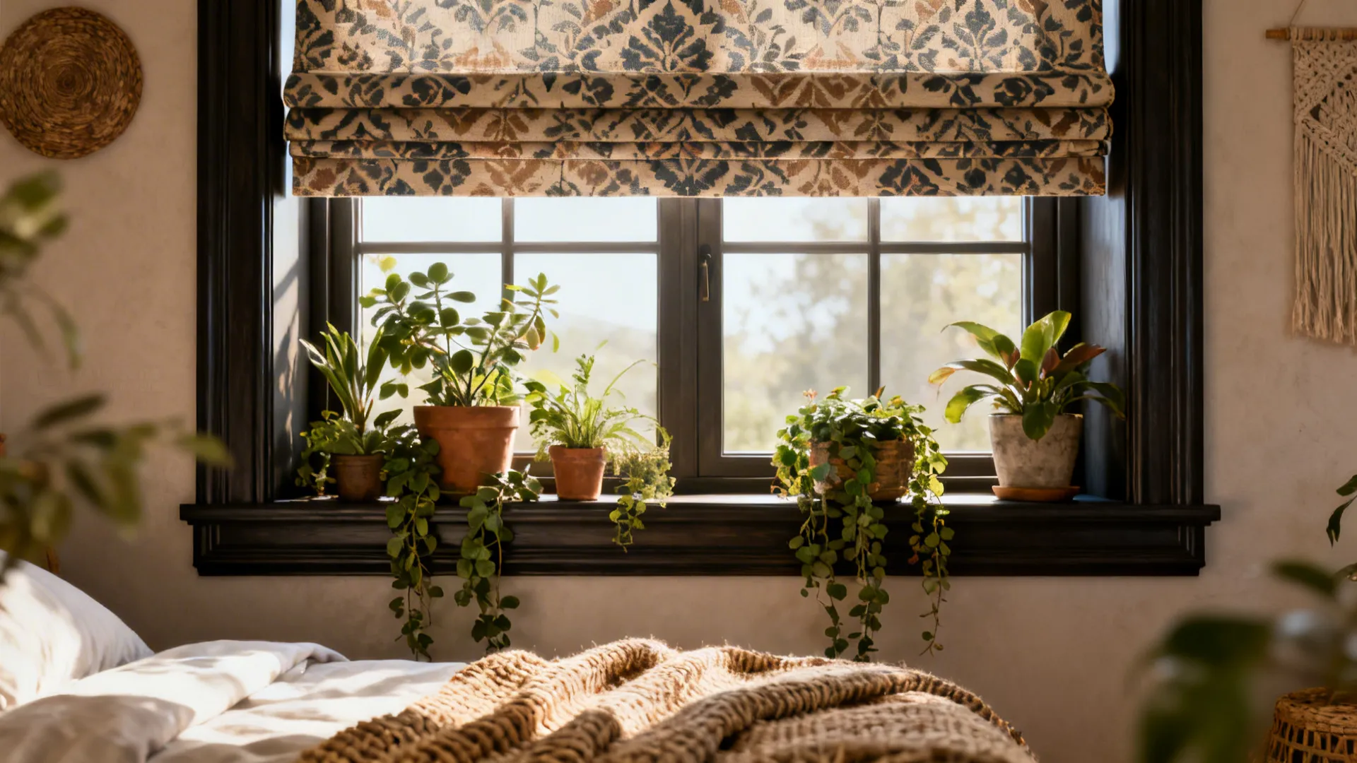 Sunny bedroom window sill decorated with various green potted plants and blue patterned fabric curtains