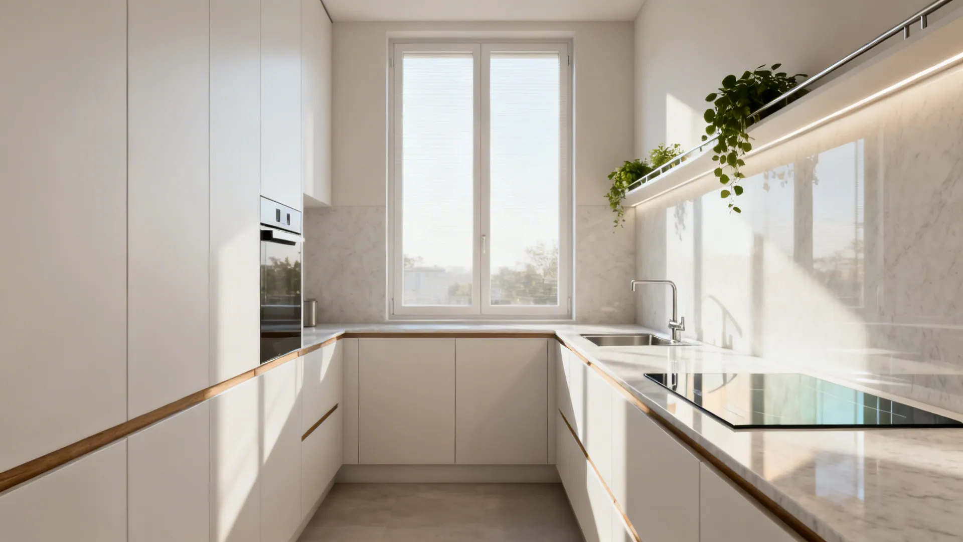 Minimalist galley kitchen with a full-height window backsplash flooding the cook zone with daylight.