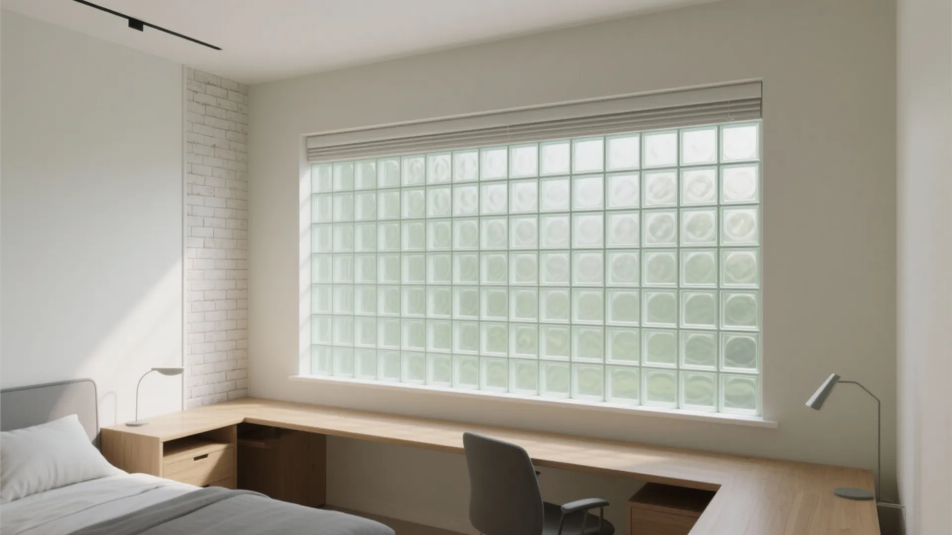 Bedroom workspace featuring a large glass block window above a long wooden desk and chair