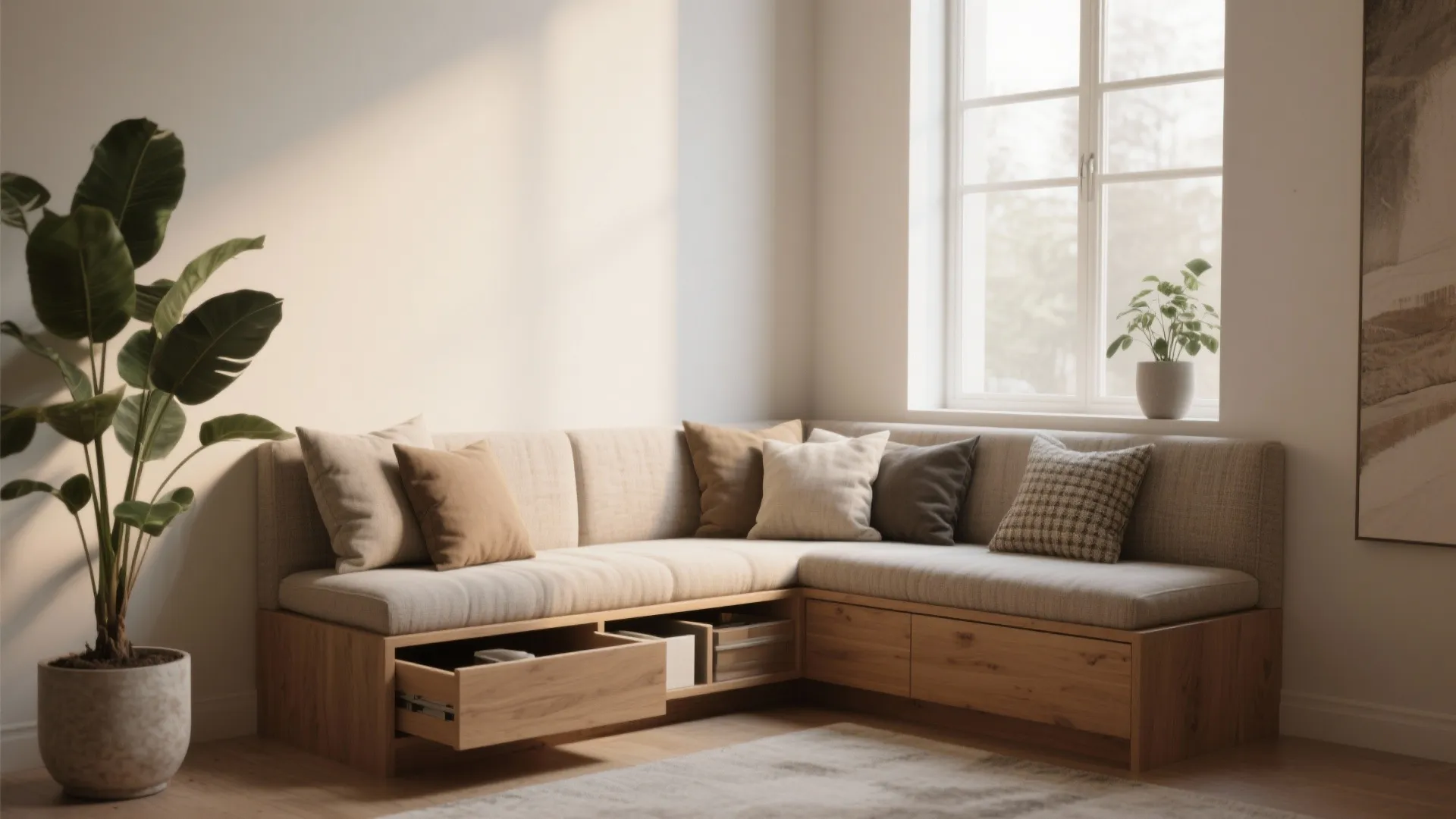 Neutral corner sofa with built-in wooden storage drawers next to a window and green plant