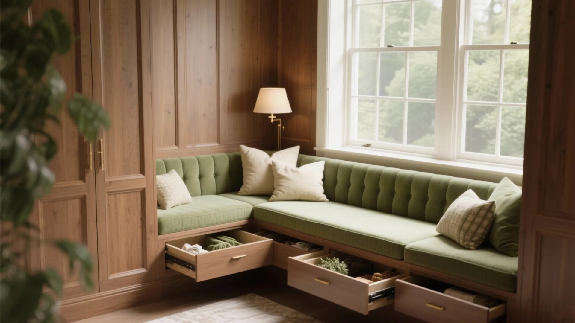 Green corner bench with open wooden storage drawers containing clothes next to a large window