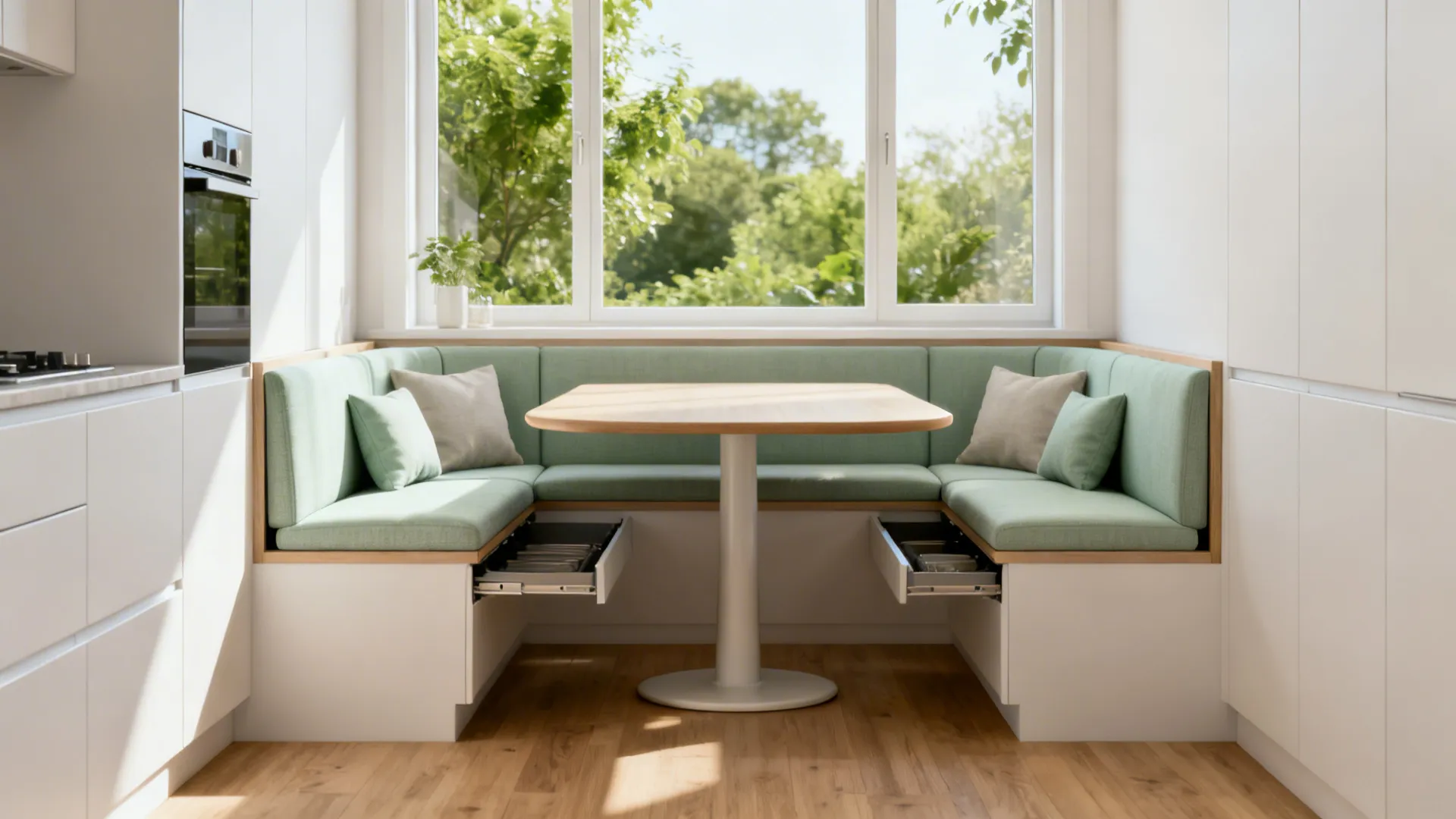 Built-in window banquette with storage and a pedestal table in a narrow kitchen filled with daylight.