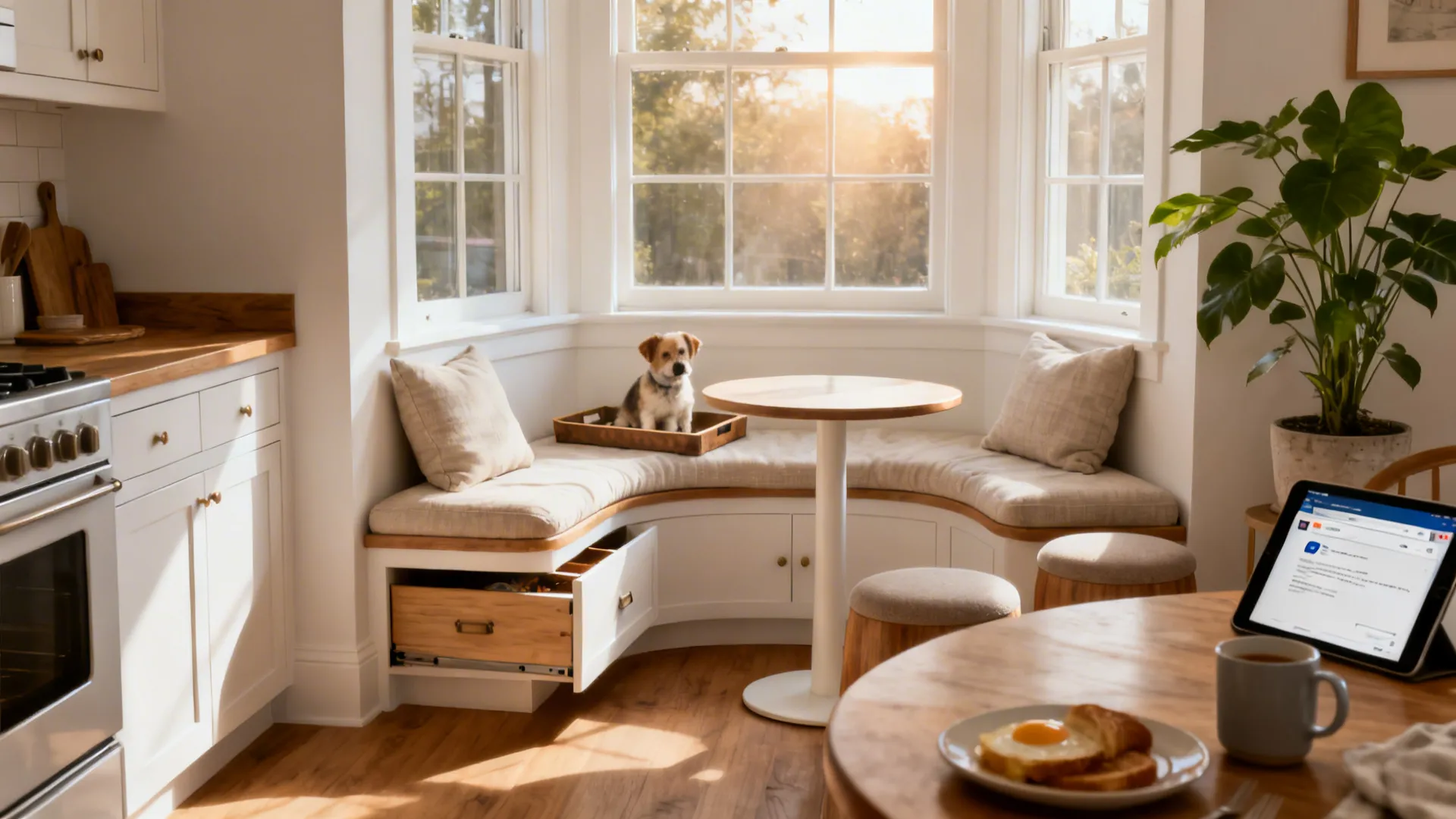Sunny window banquette with linen cushions and a small round pedestal table in a compact kitchen.