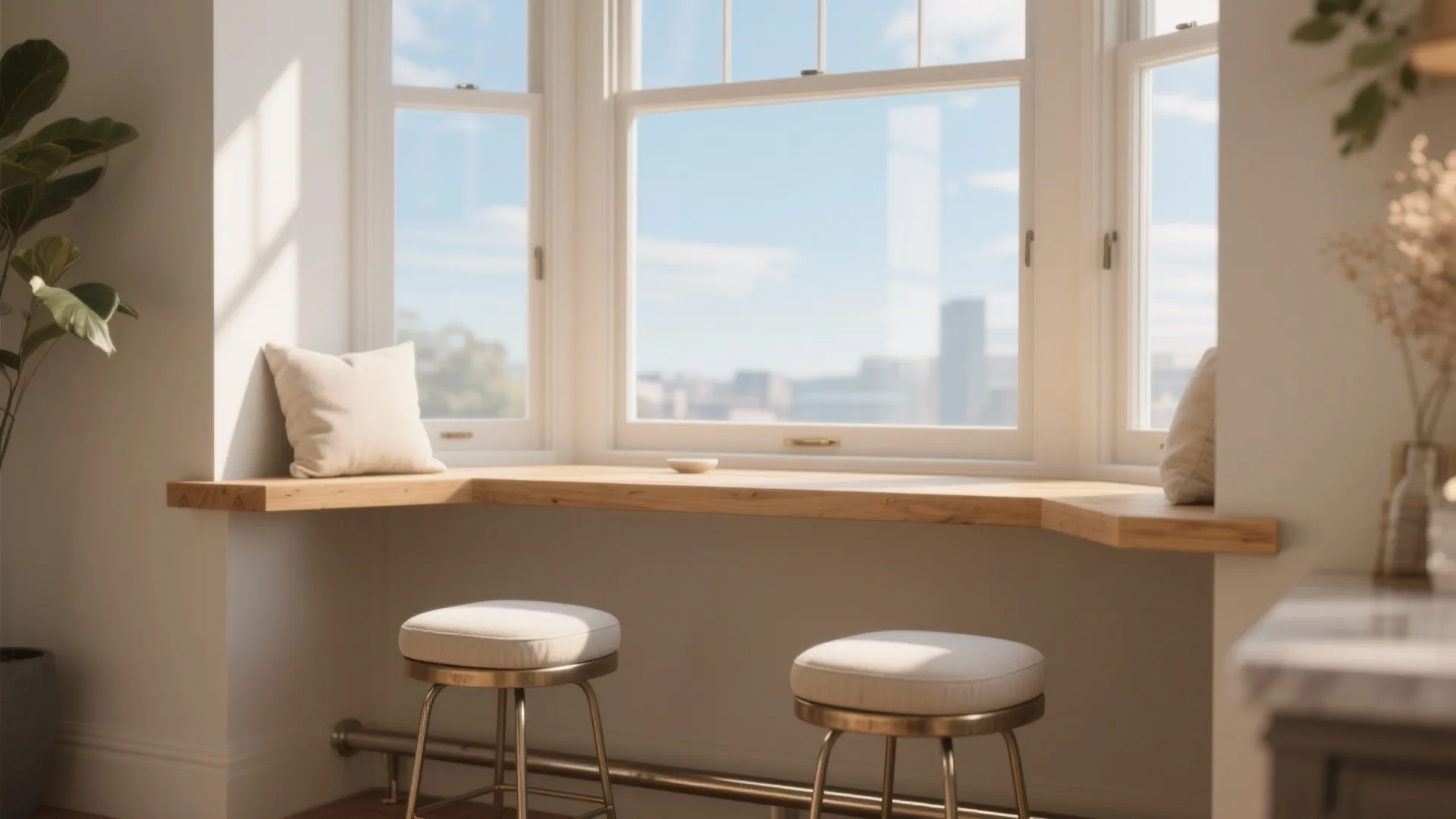 Sunny breakfast bar by large windows with wood table two round stools and city view
