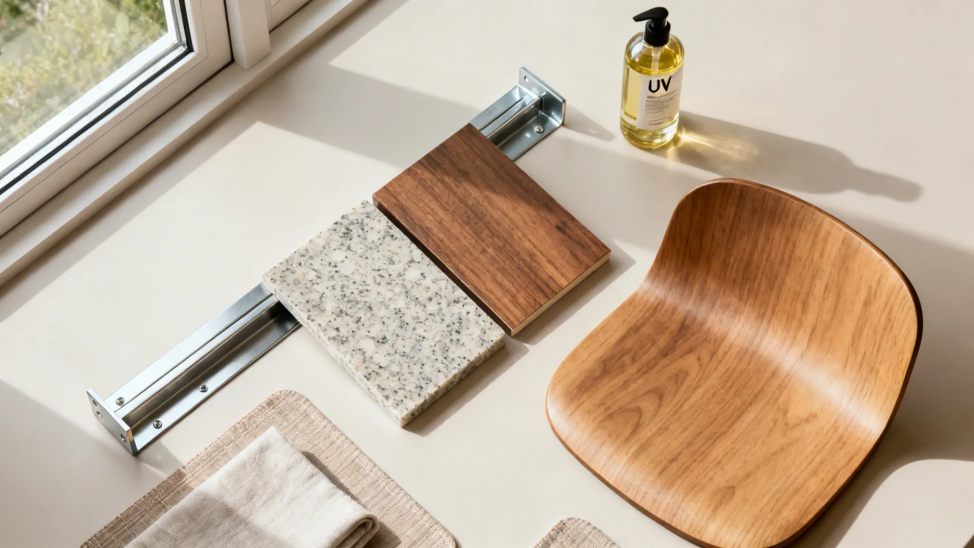 Flat lay of brackets, finish samples, and UV oil for a window-facing breakfast bar.