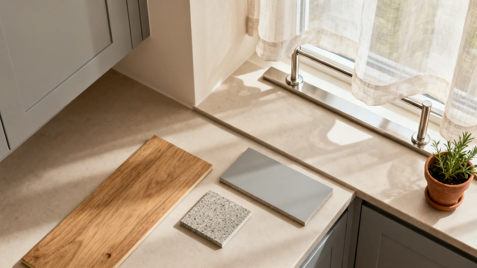 Top-down flat lay of oak, laminate, stone, sheer fabric, and a small herb pot for a window bar.