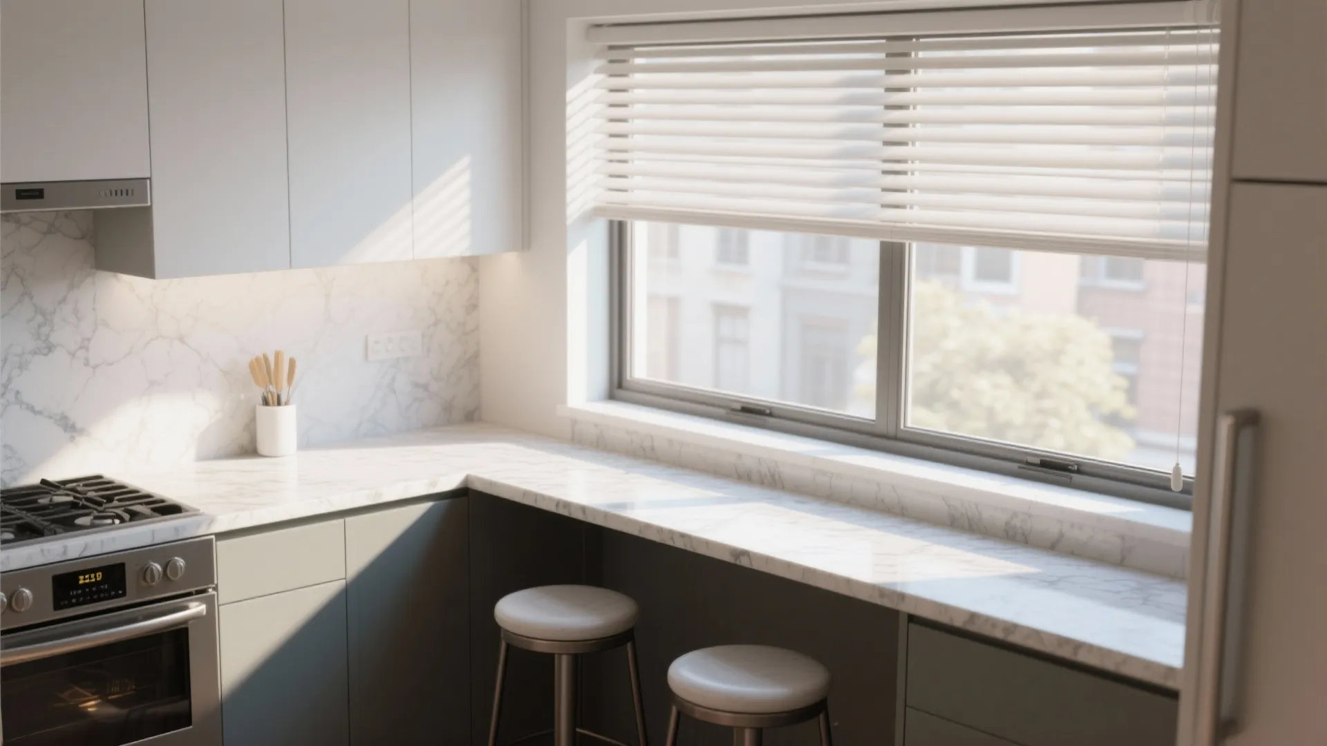 Small kitchen breakfast bar with white marble counter two round stools and sunlight through window blinds