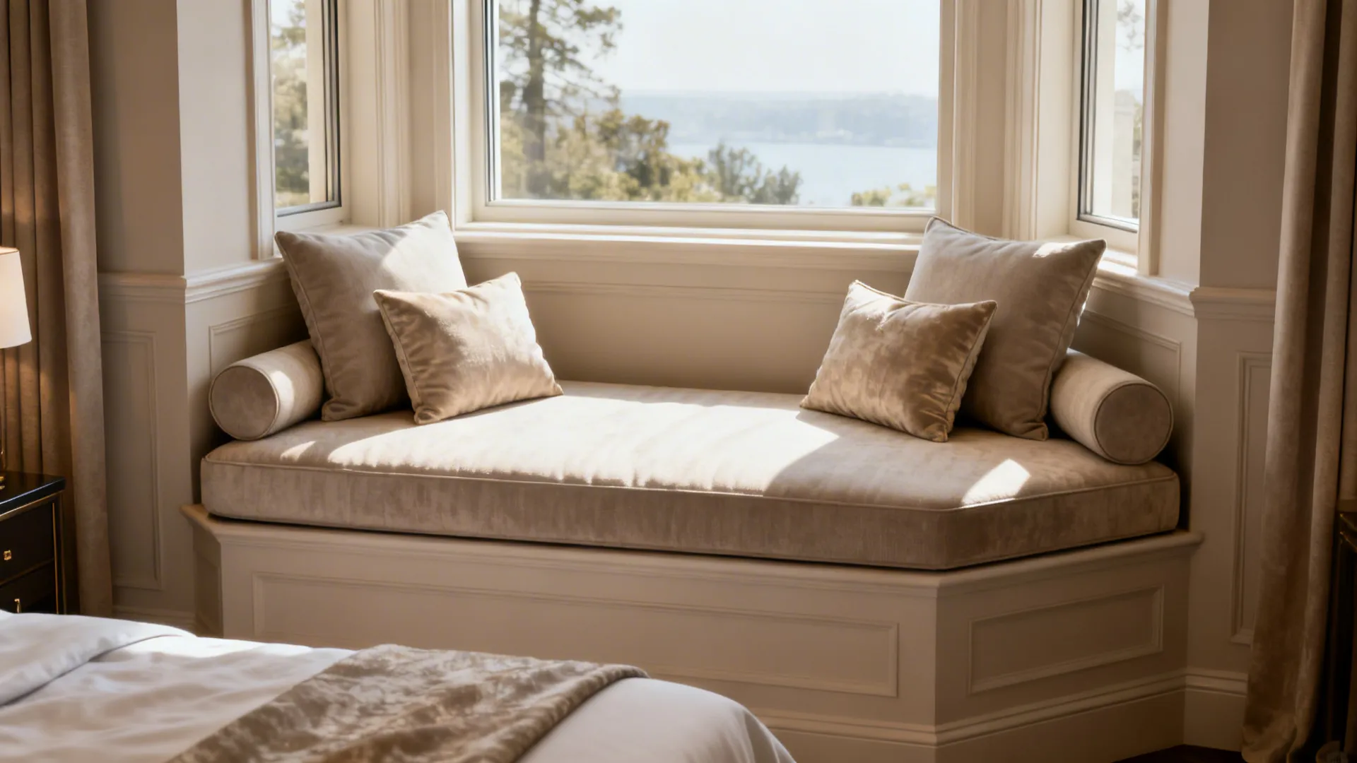 Narrow daybed in a recessed window creating a hotel-like guest spot in a bedroom.