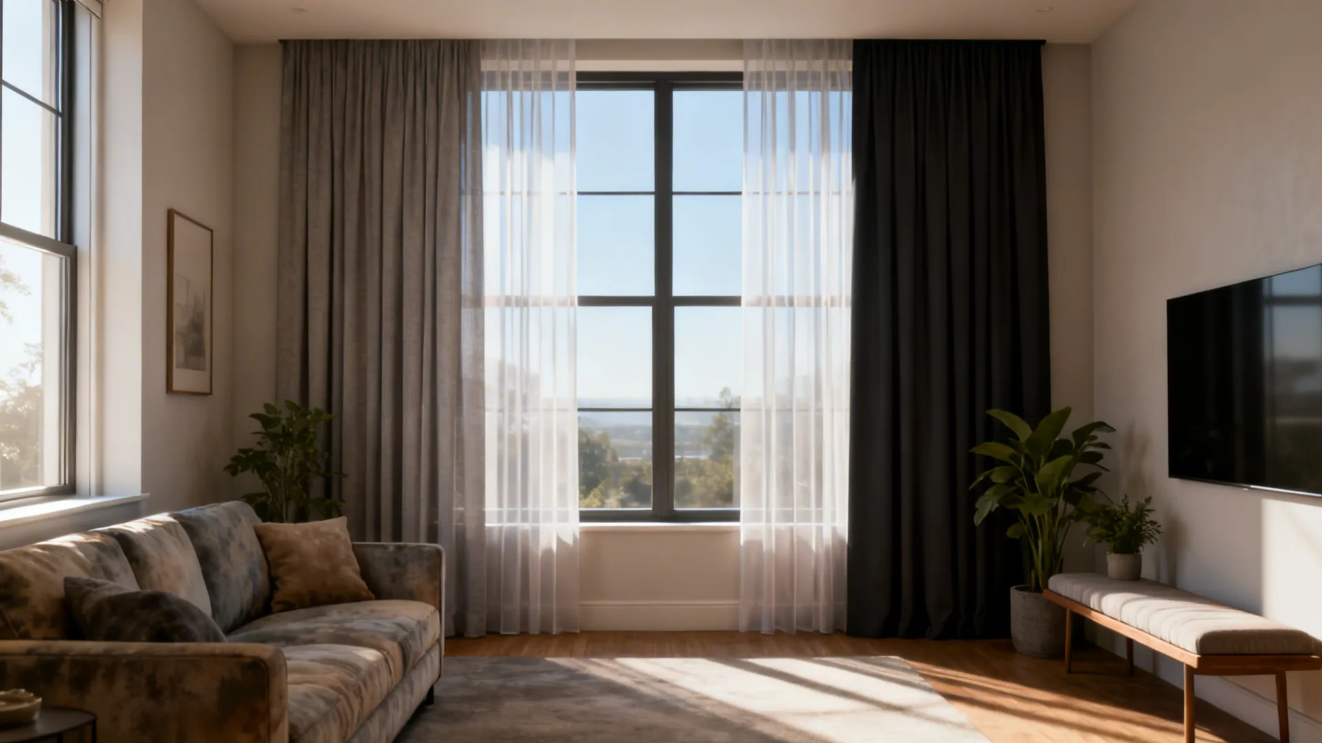 Before and after comparison showing glare issues resolved with treatments and furnishings