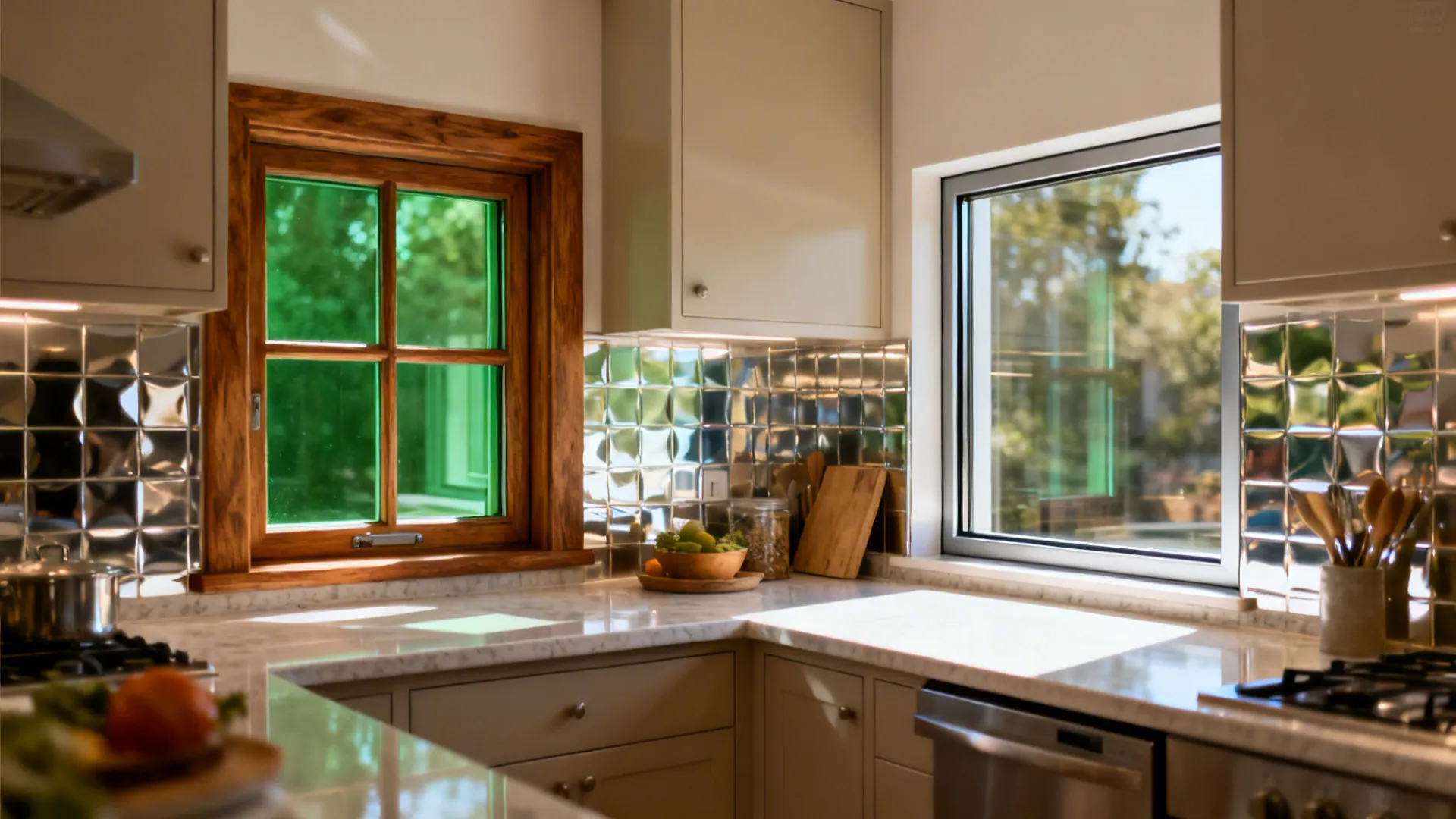 Before-and-after of small kitchen window showing slim frame and clearer low-iron glass.