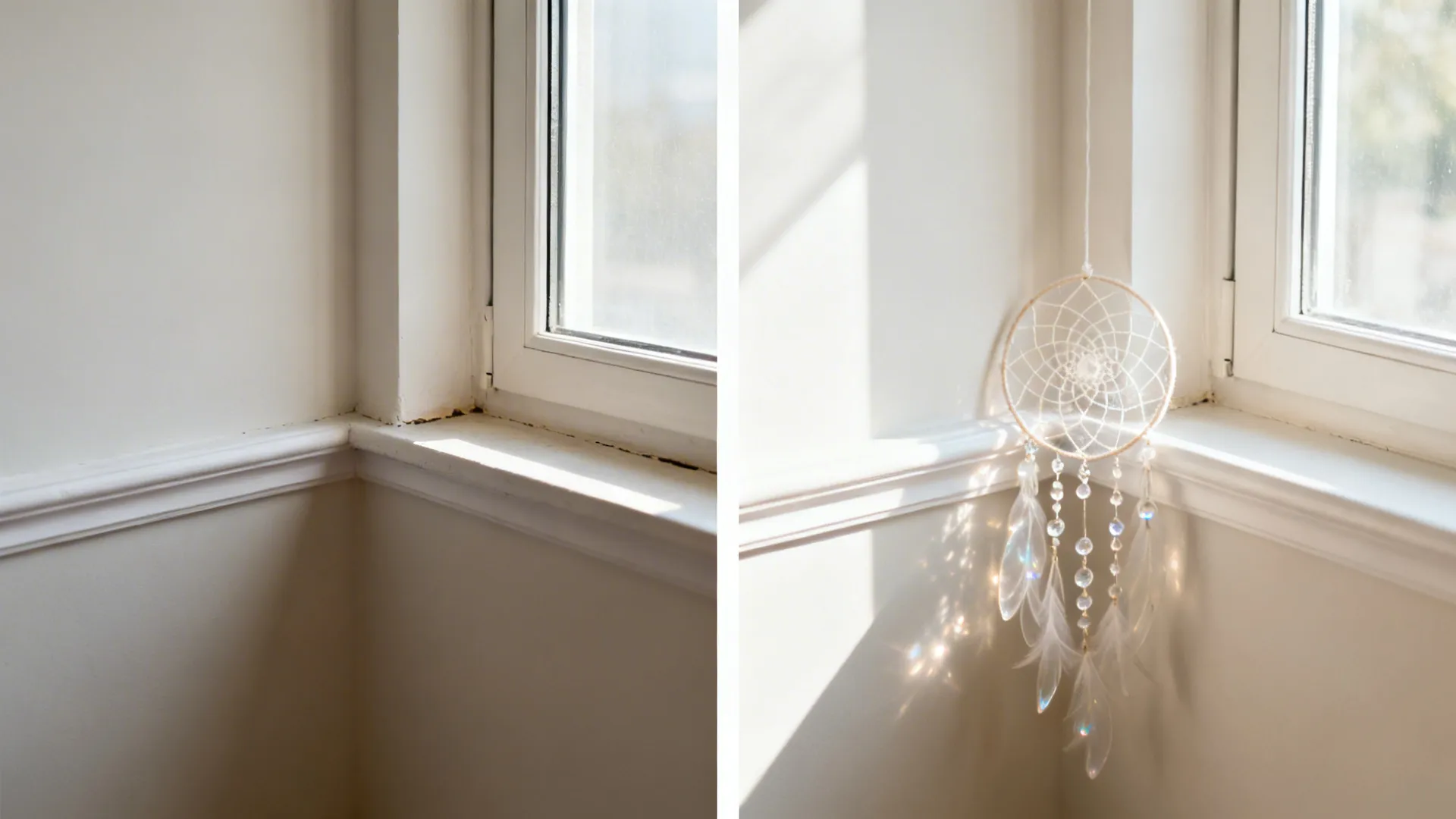 Before-and-after of a studio window corner, adding a translucent dream catcher that enhances light.
