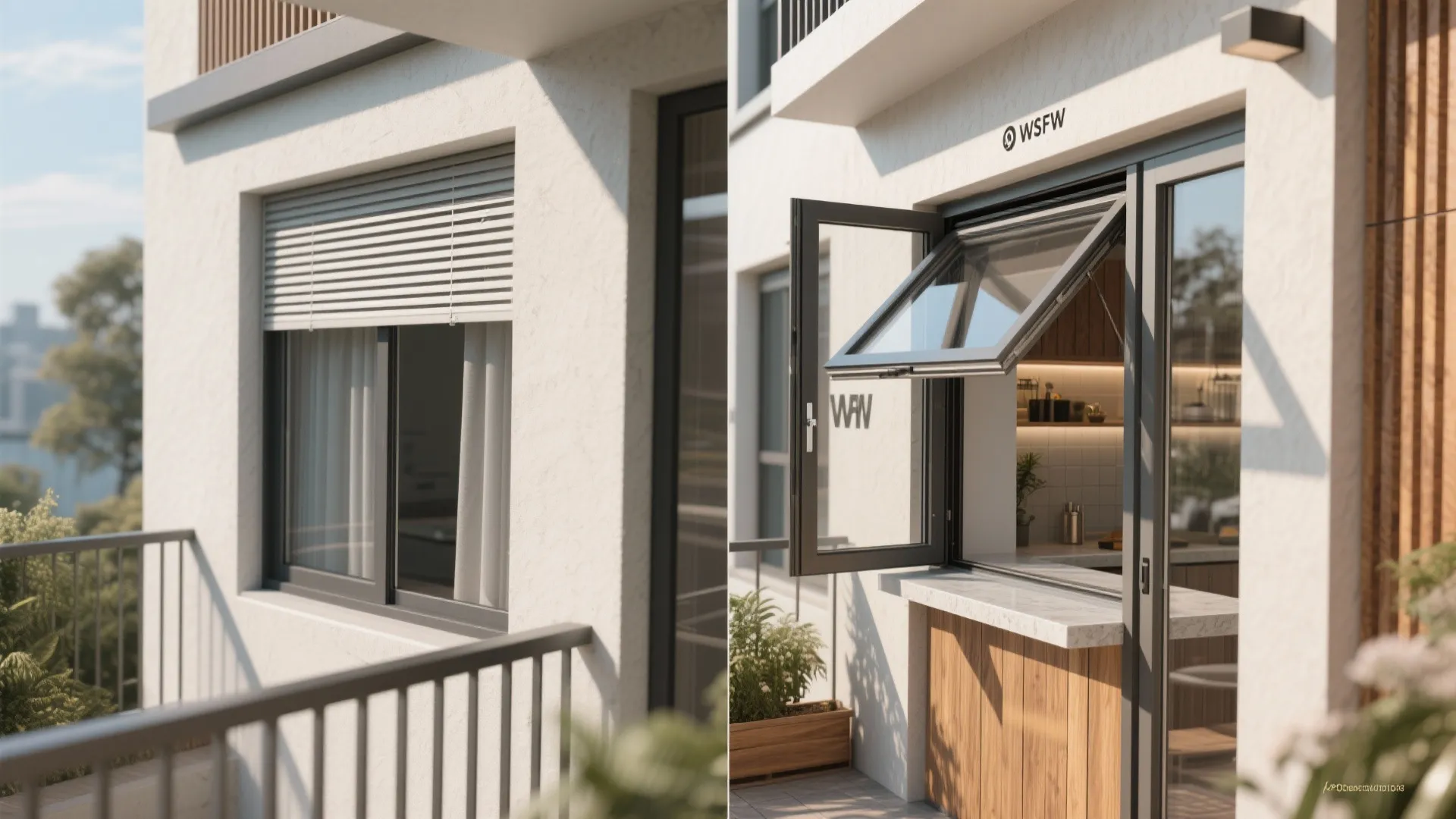 Before and after comparison showing closed window versus an open window serving as bar counter