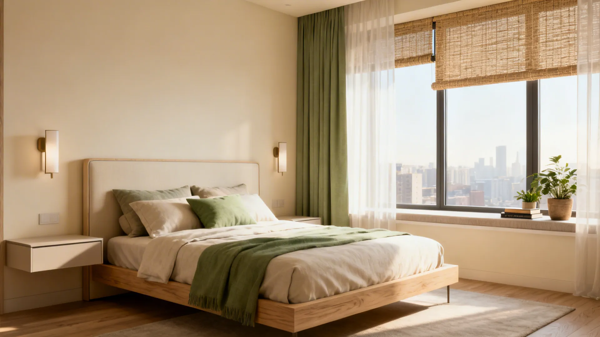 Modern bedroom with wooden bed green pillows wall lights and large window showing city view