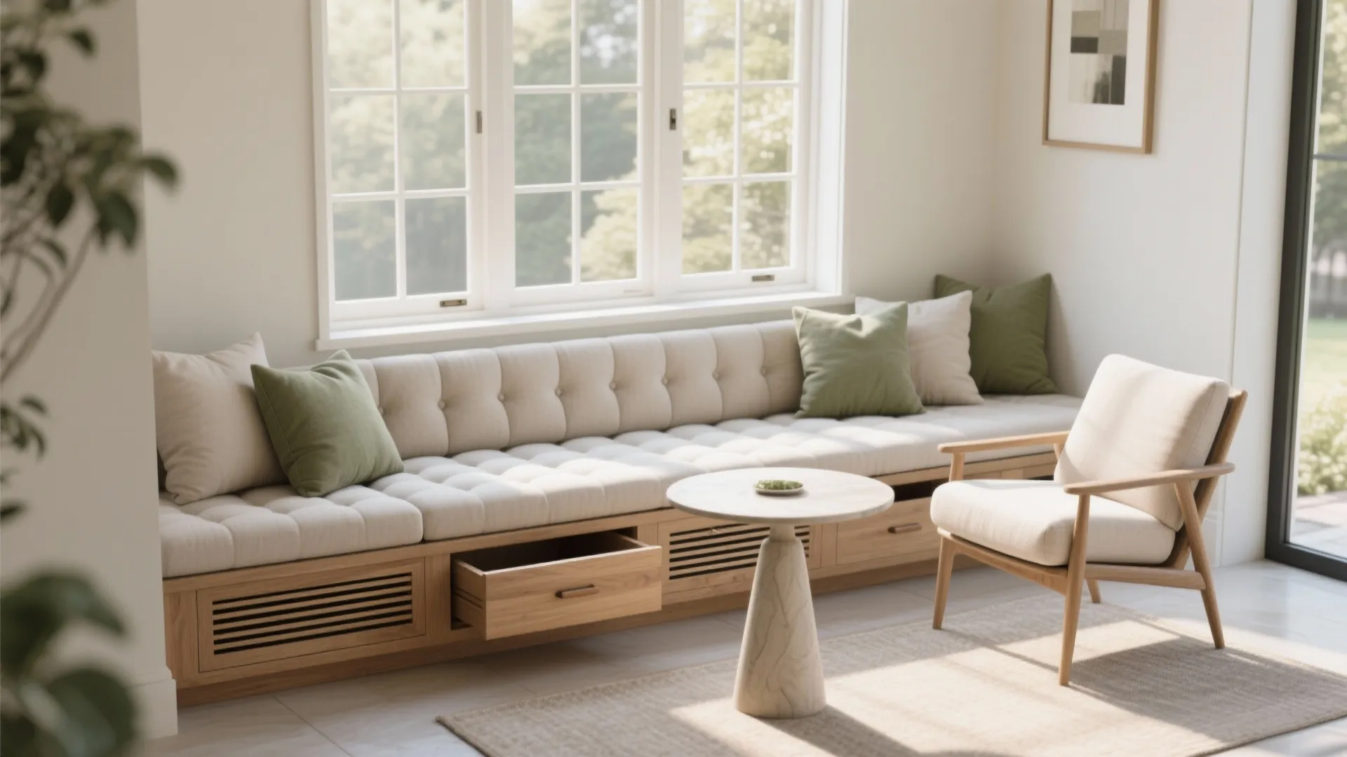 Window-Side Lounge Bench with Hidden Storage