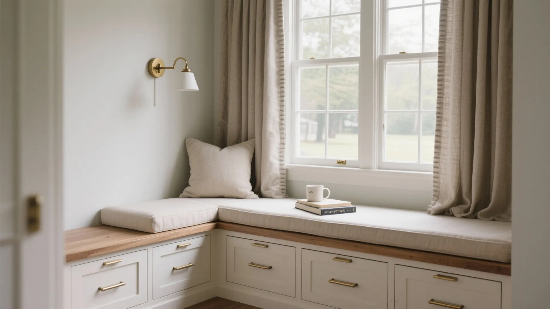 Cozy window seat with white cushions beige curtains wall light and built in storage drawers below
