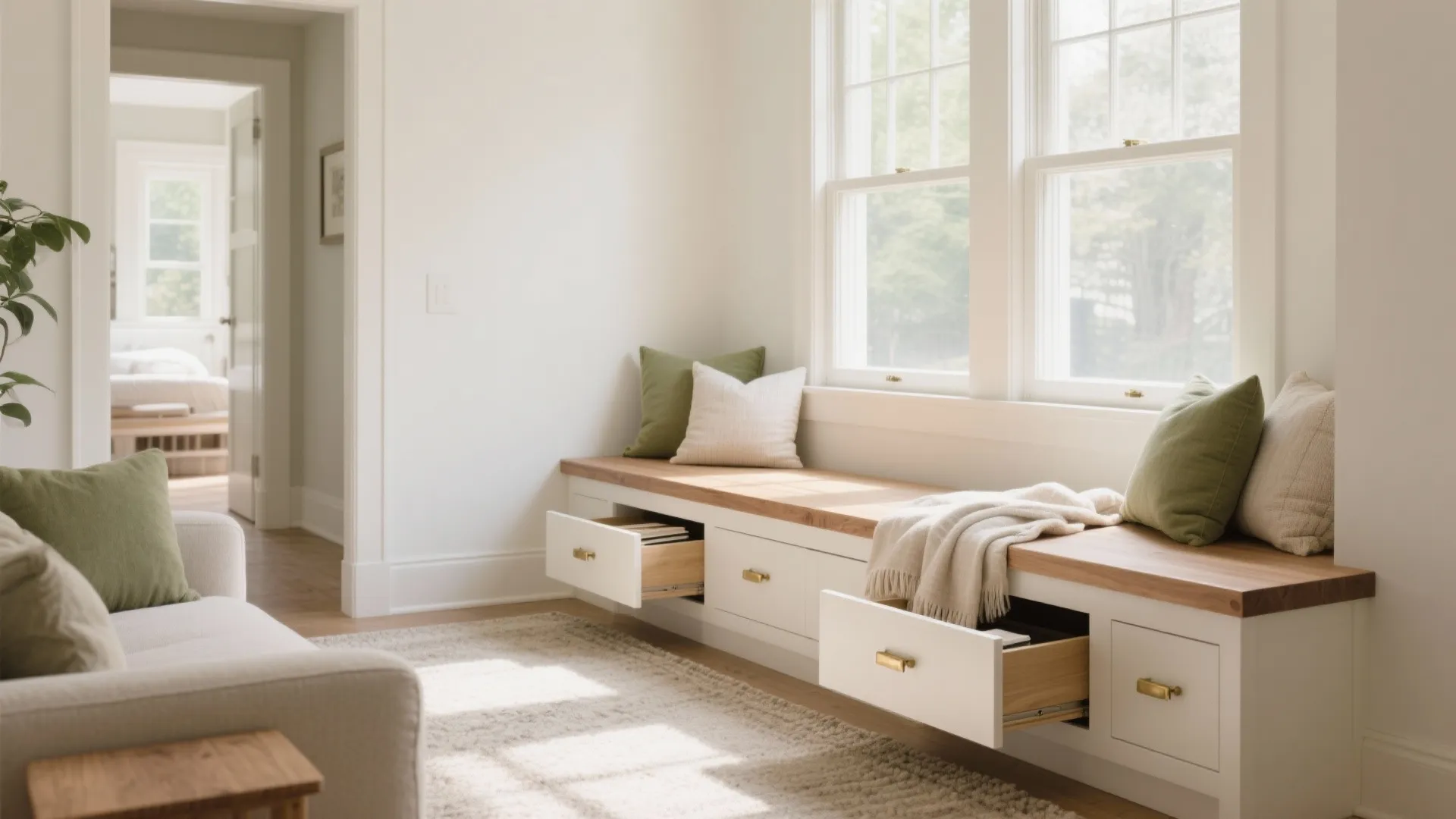 Sunlit room with white window bench wooden top green cushions and open drawers for home storage