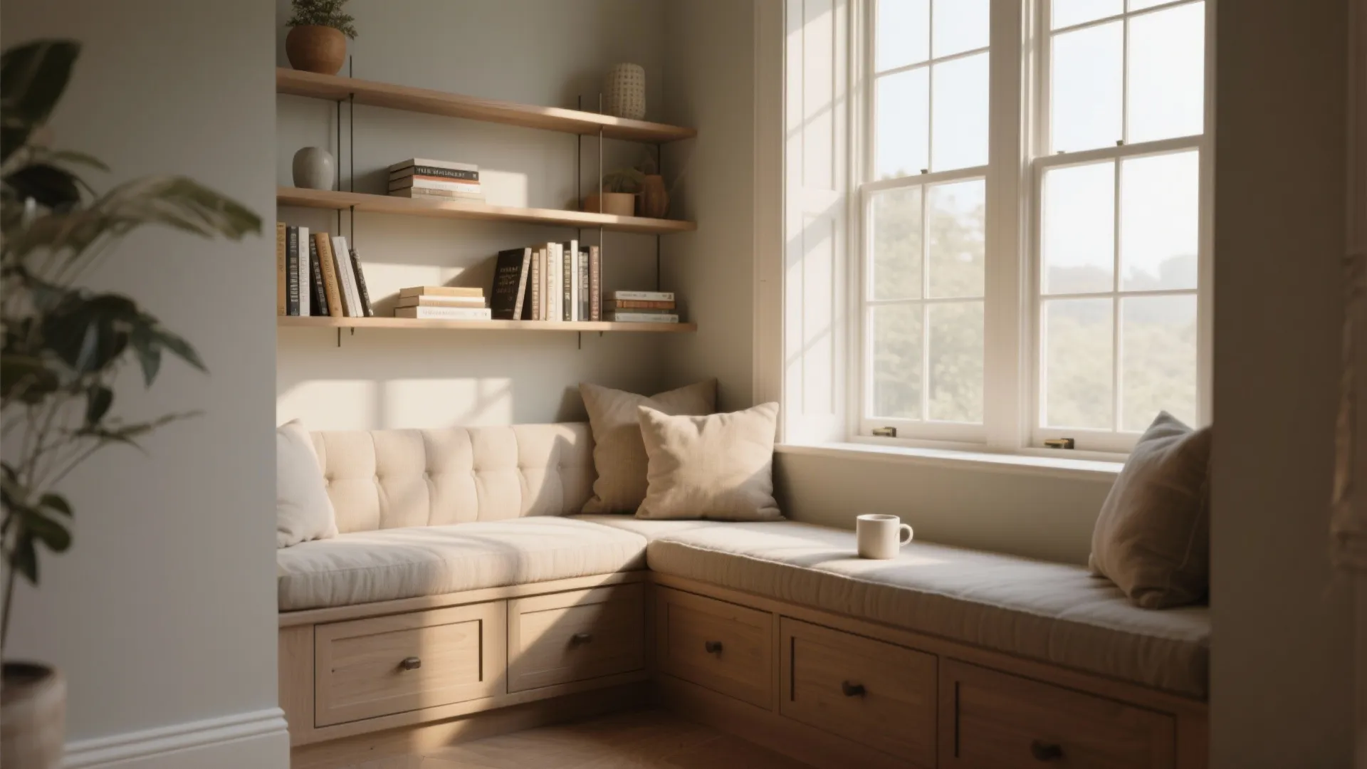 Cozy window seating area with wooden drawers wall shelves books pillows and soft warm natural sunlight