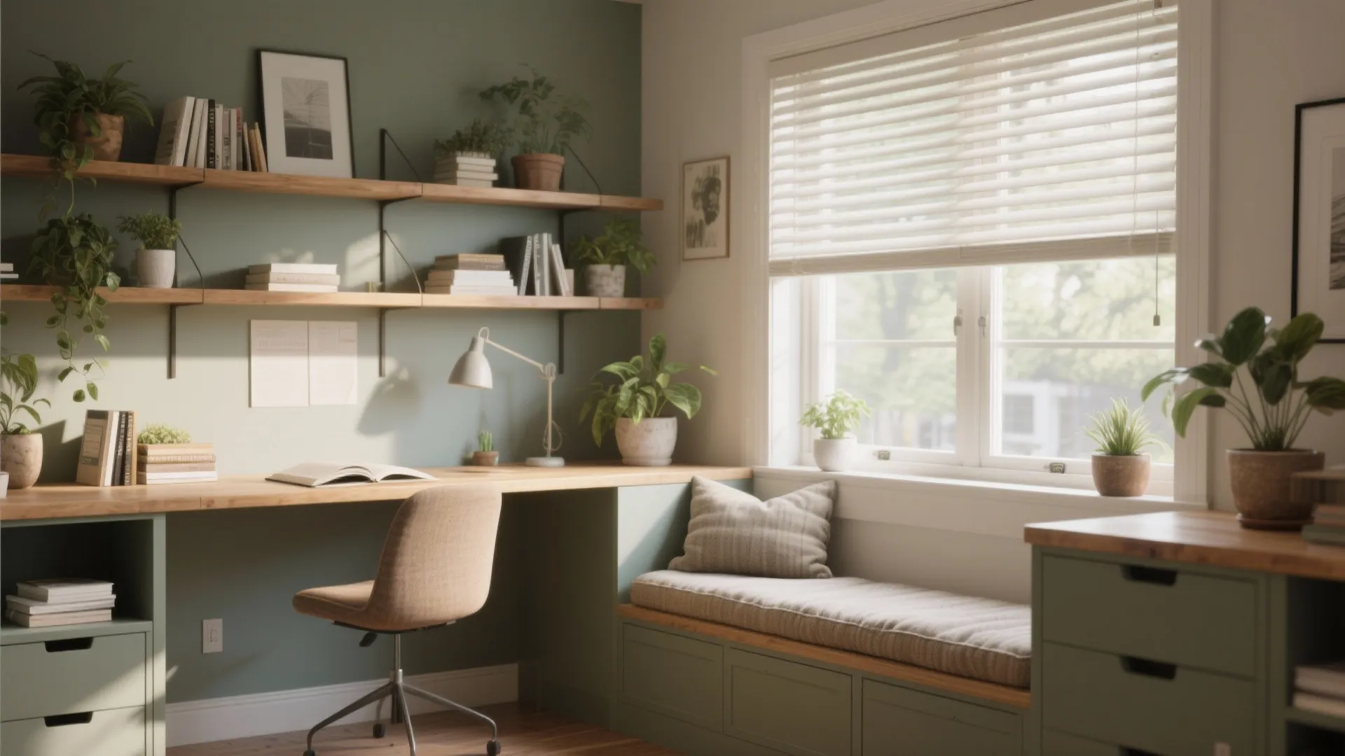 3. Window Bench Desk with Shelving