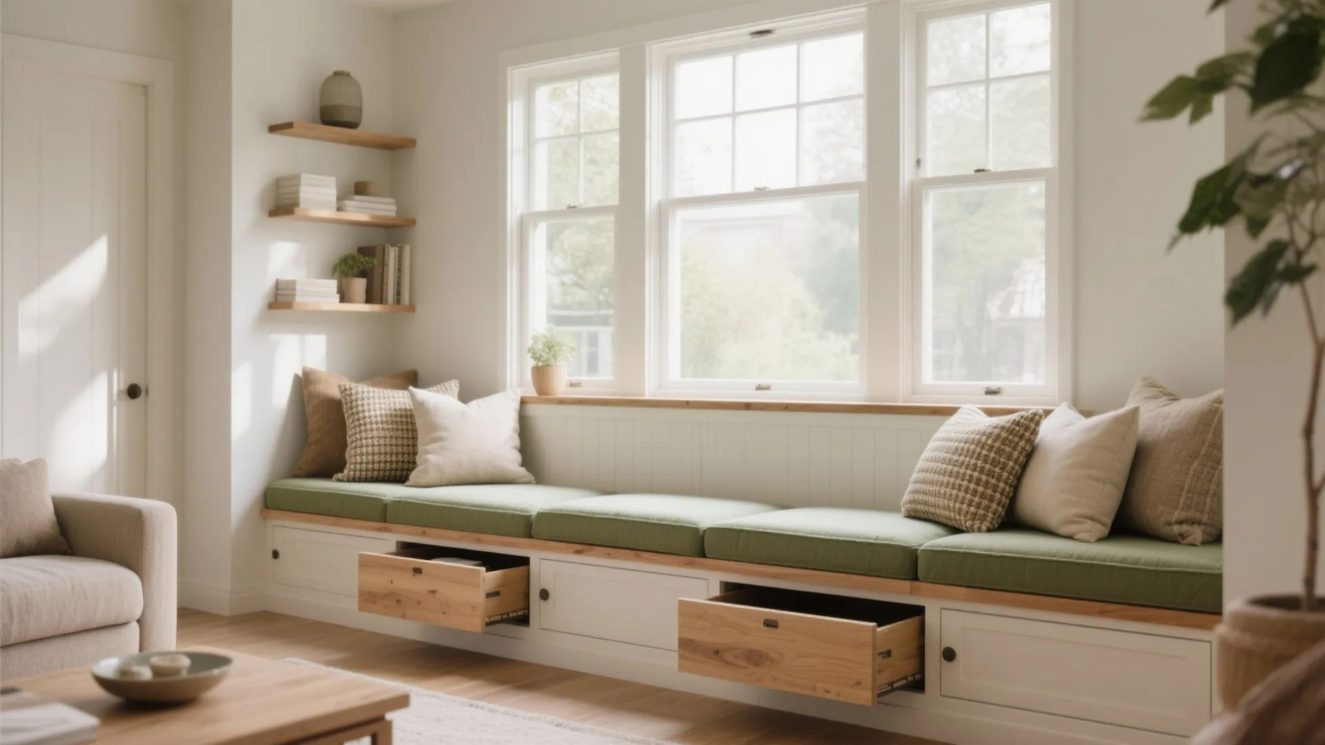 Built in window seat with green cushions and wooden storage drawers under bright white windows
