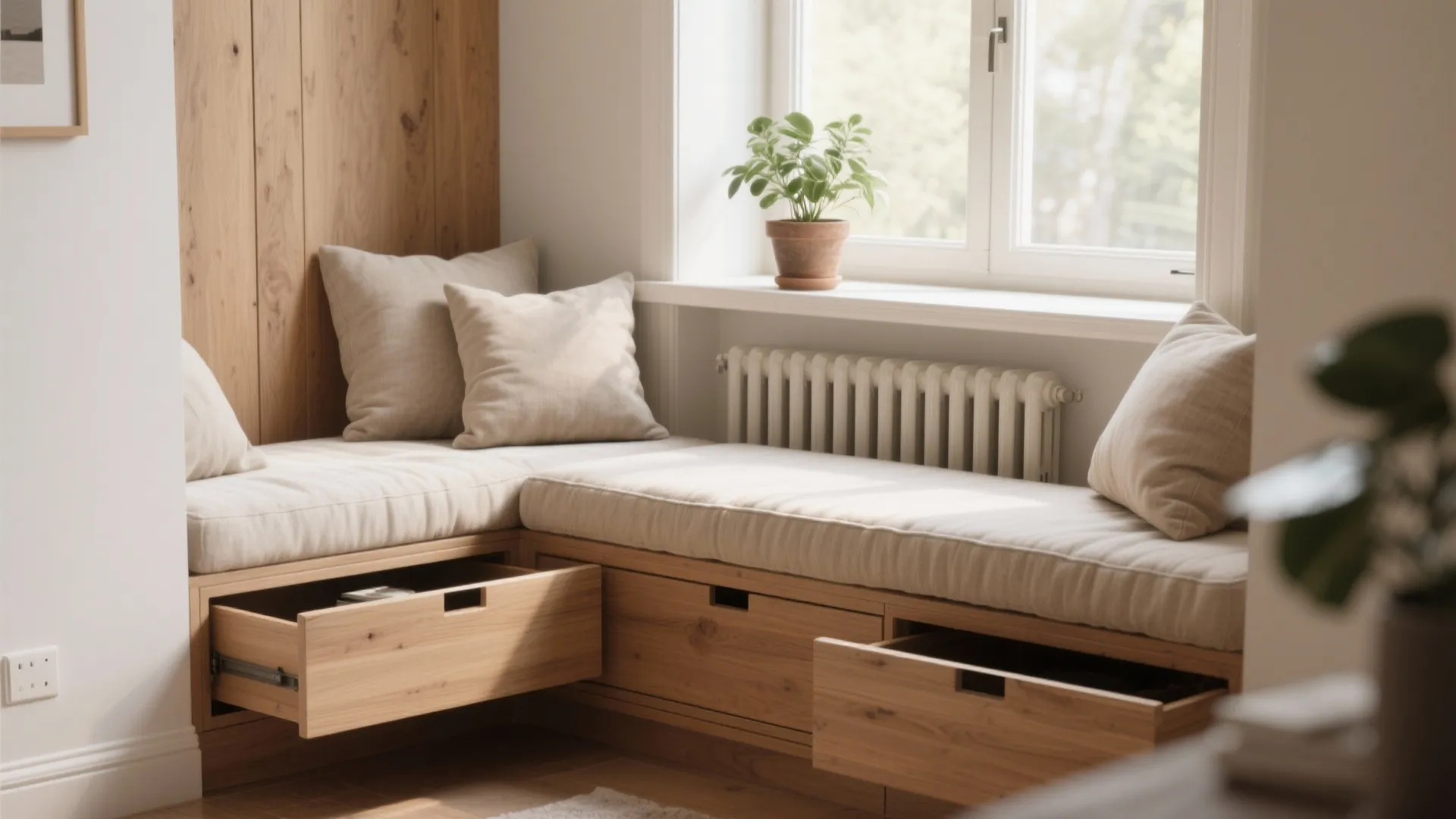 2. Turn a window ledge into a bench with storage