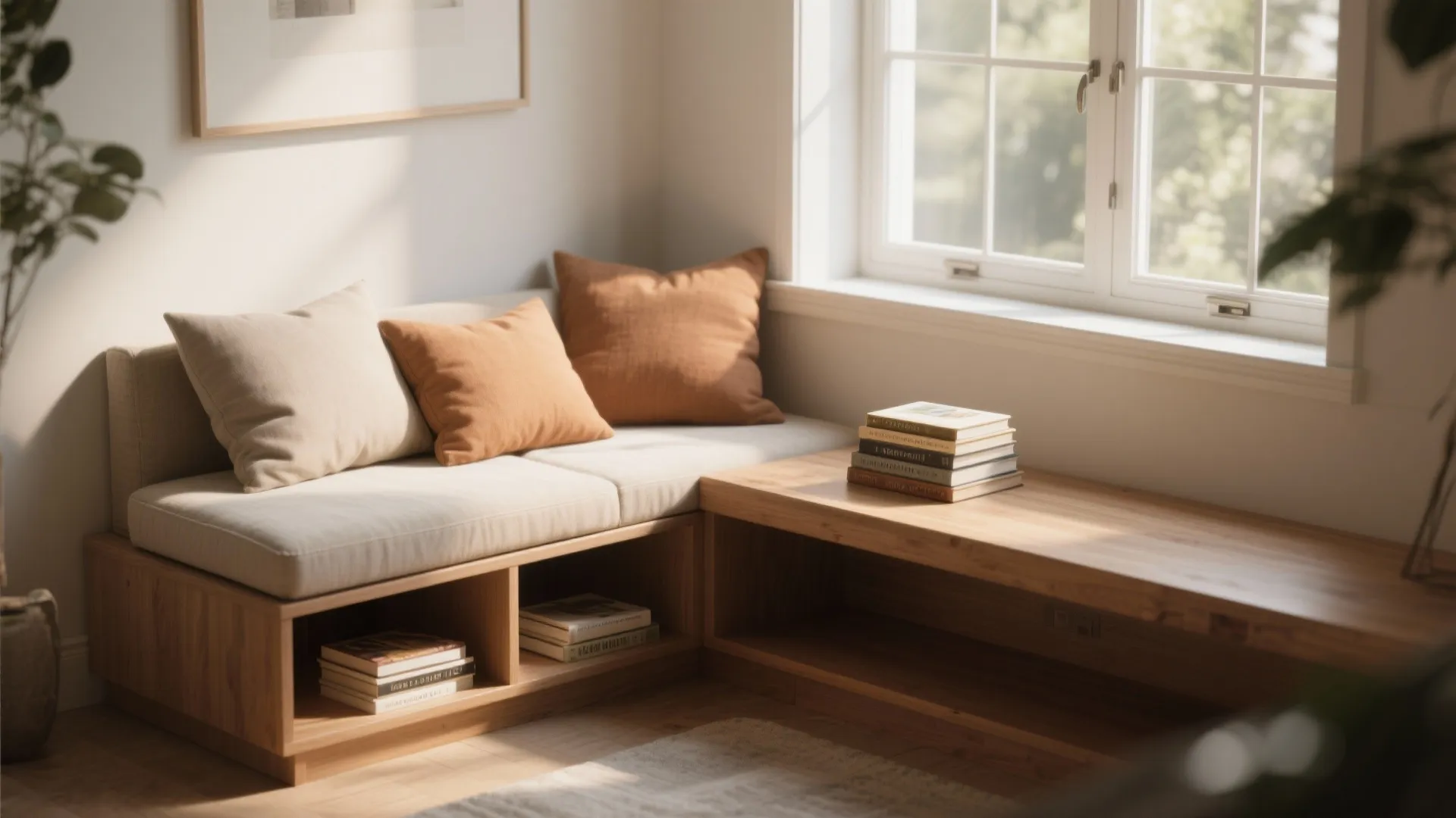 3. Window-shelf bench (double-duty seating + storage)