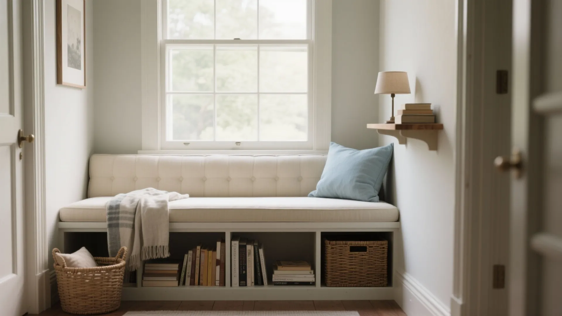 Cushioned window-seat bench with storage and pillows creating a small reading nook