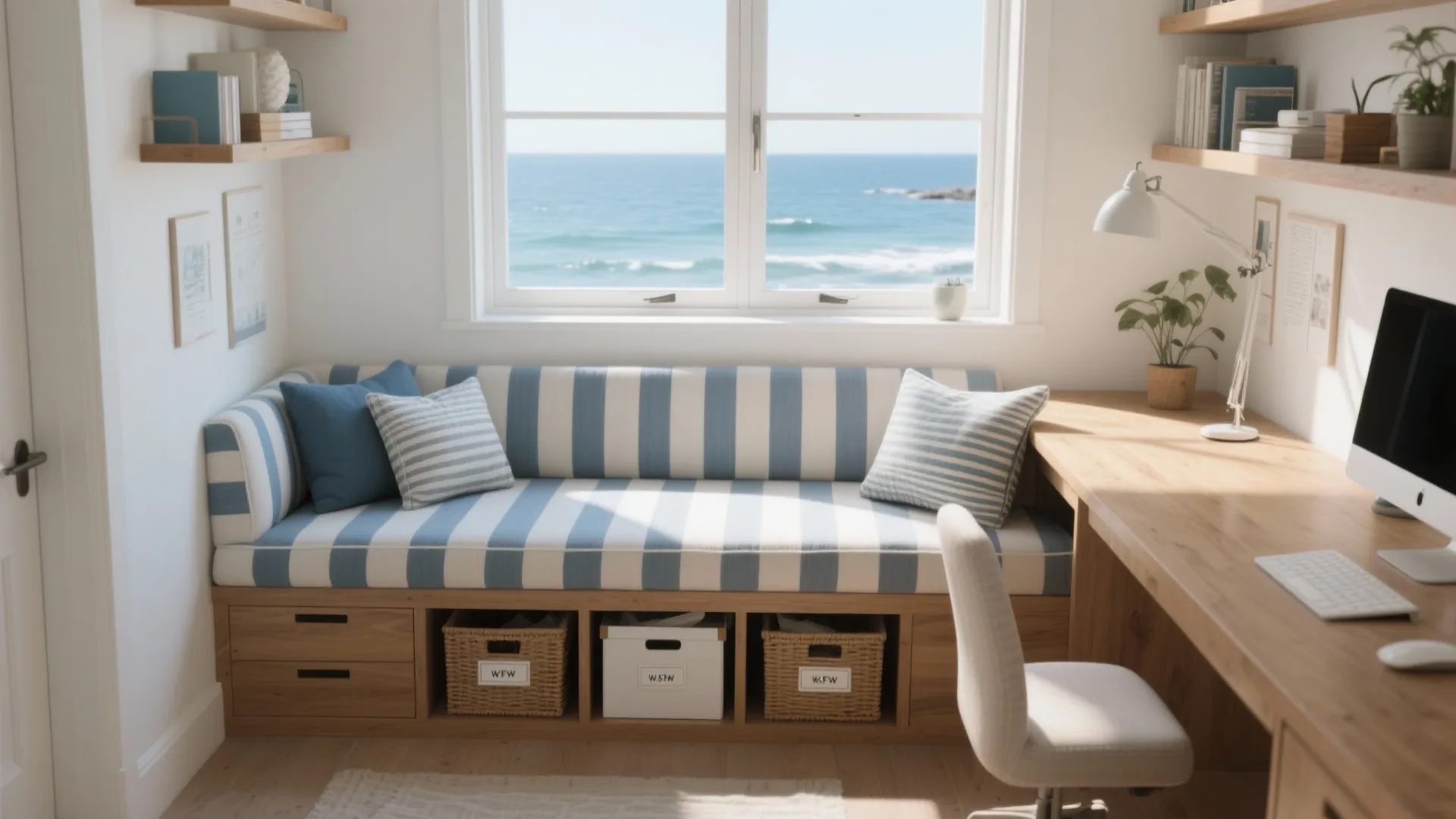 Sunlit room with blue striped window seat, wooden desk, computer, and beautiful blue ocean view