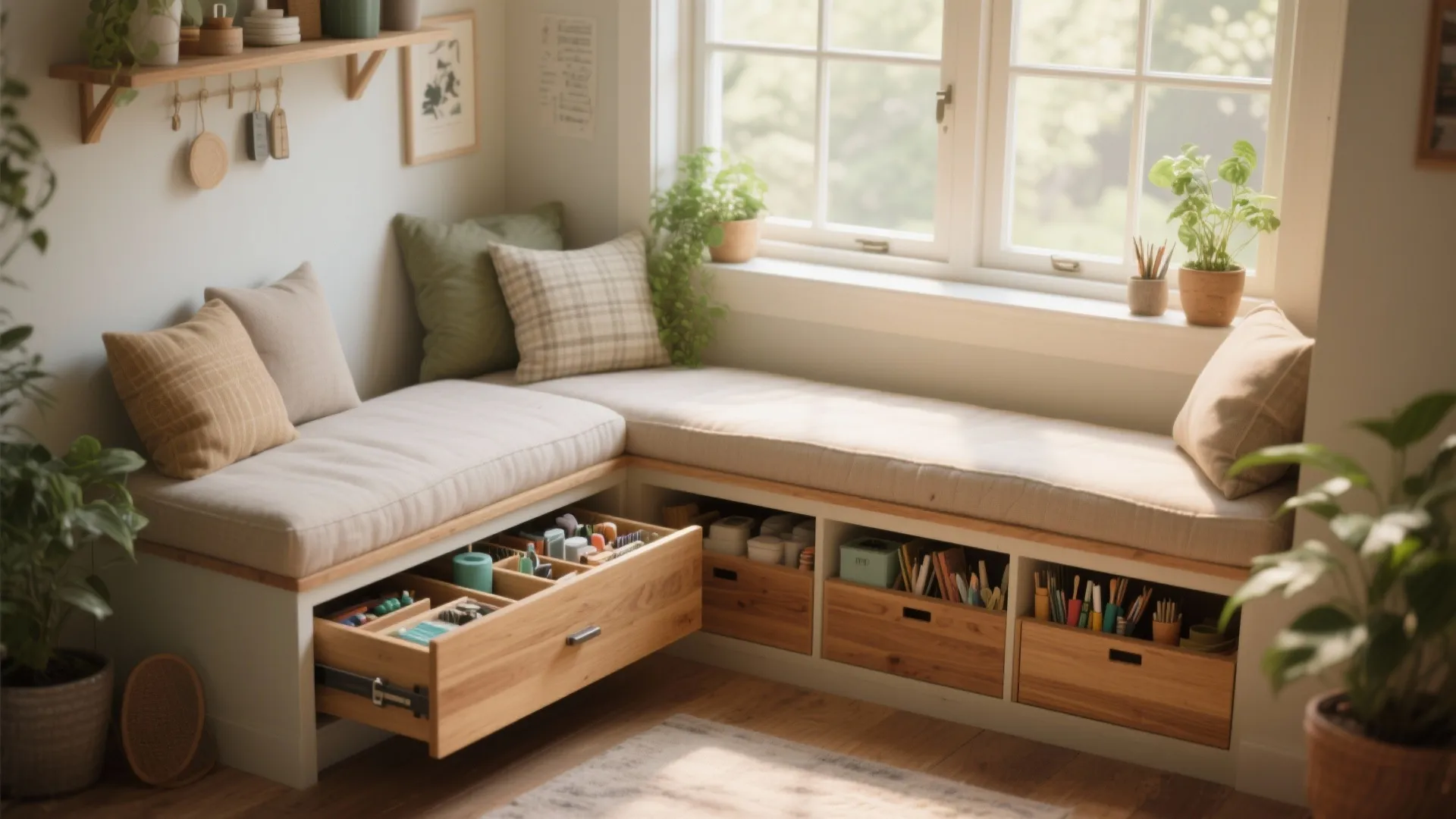 Corner window bench with beige cushions and wooden drawers used for storing art supply items