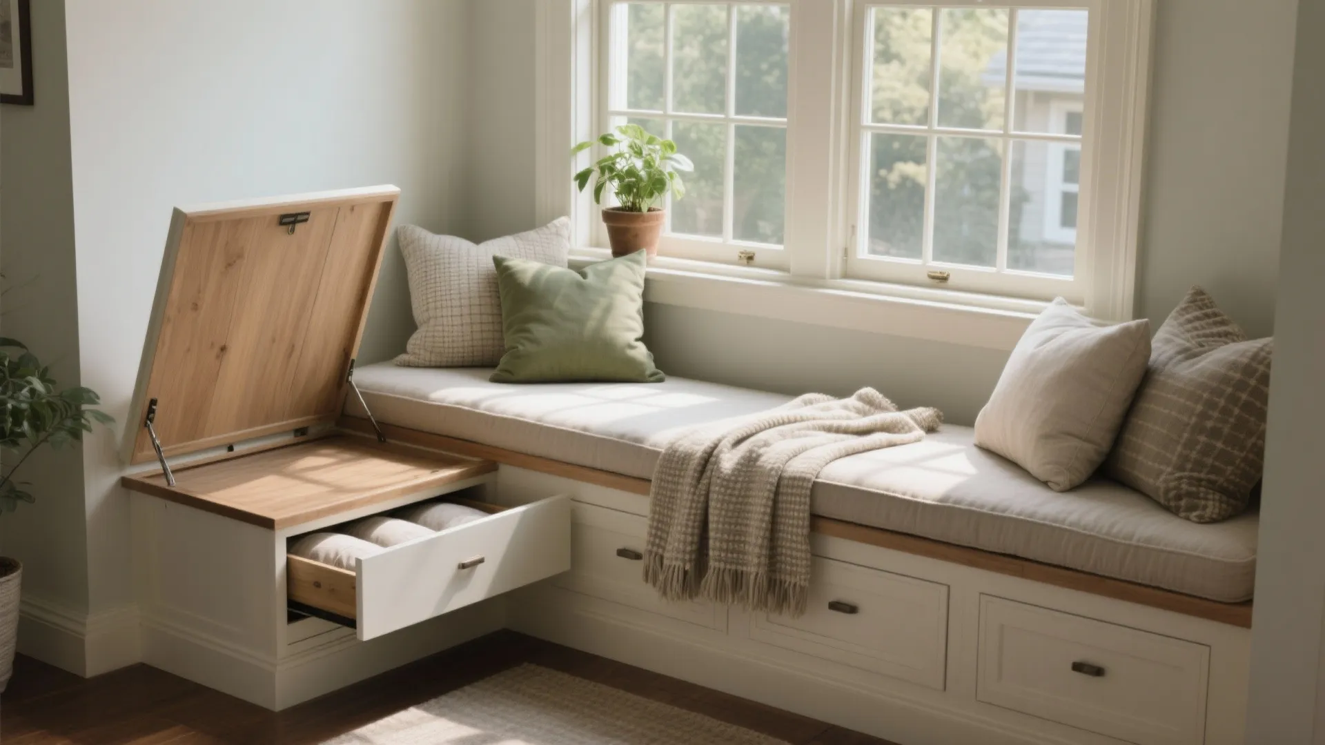 White built-in window seat with wooden top, pillows, open storage drawer, and cozy green plant