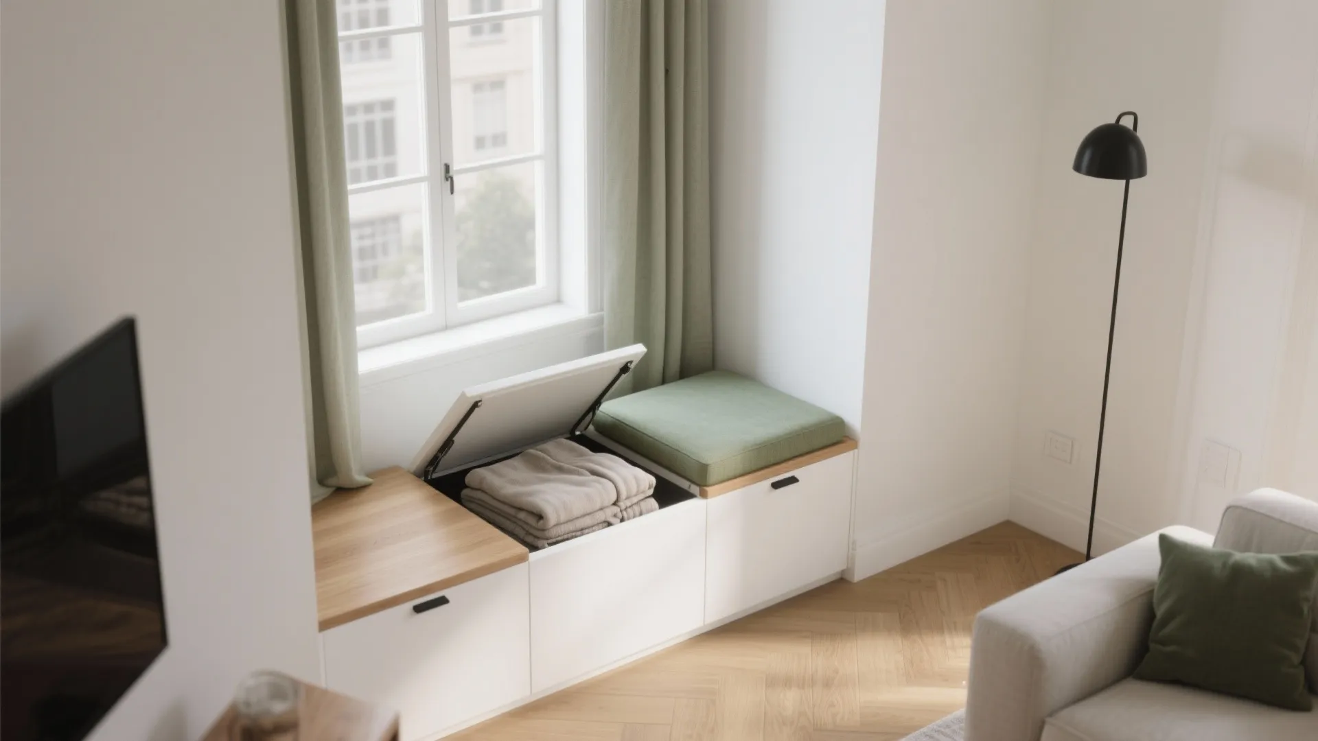 Compact Window Bench with Hidden Storage