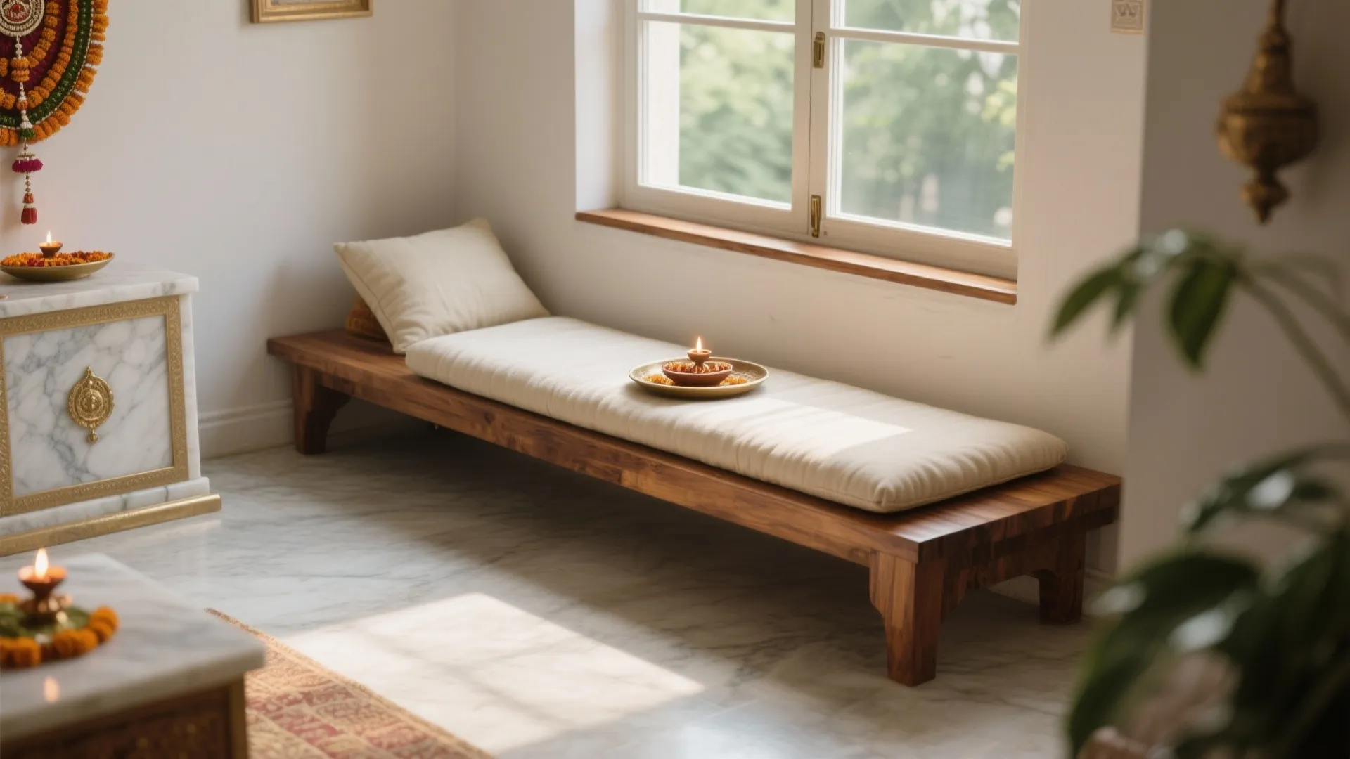 Low-Sill Window Ledge and Bench for Meditation