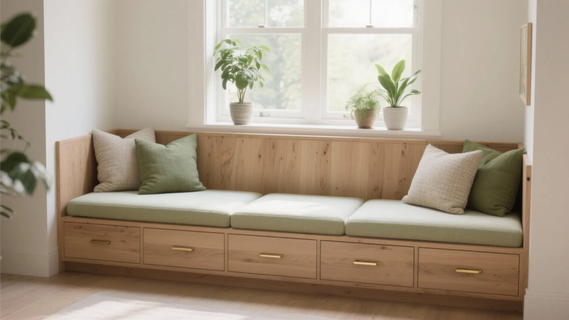 A sunlit window bench with hidden drawers, soft cushions, and plants in a calm neutral living room.