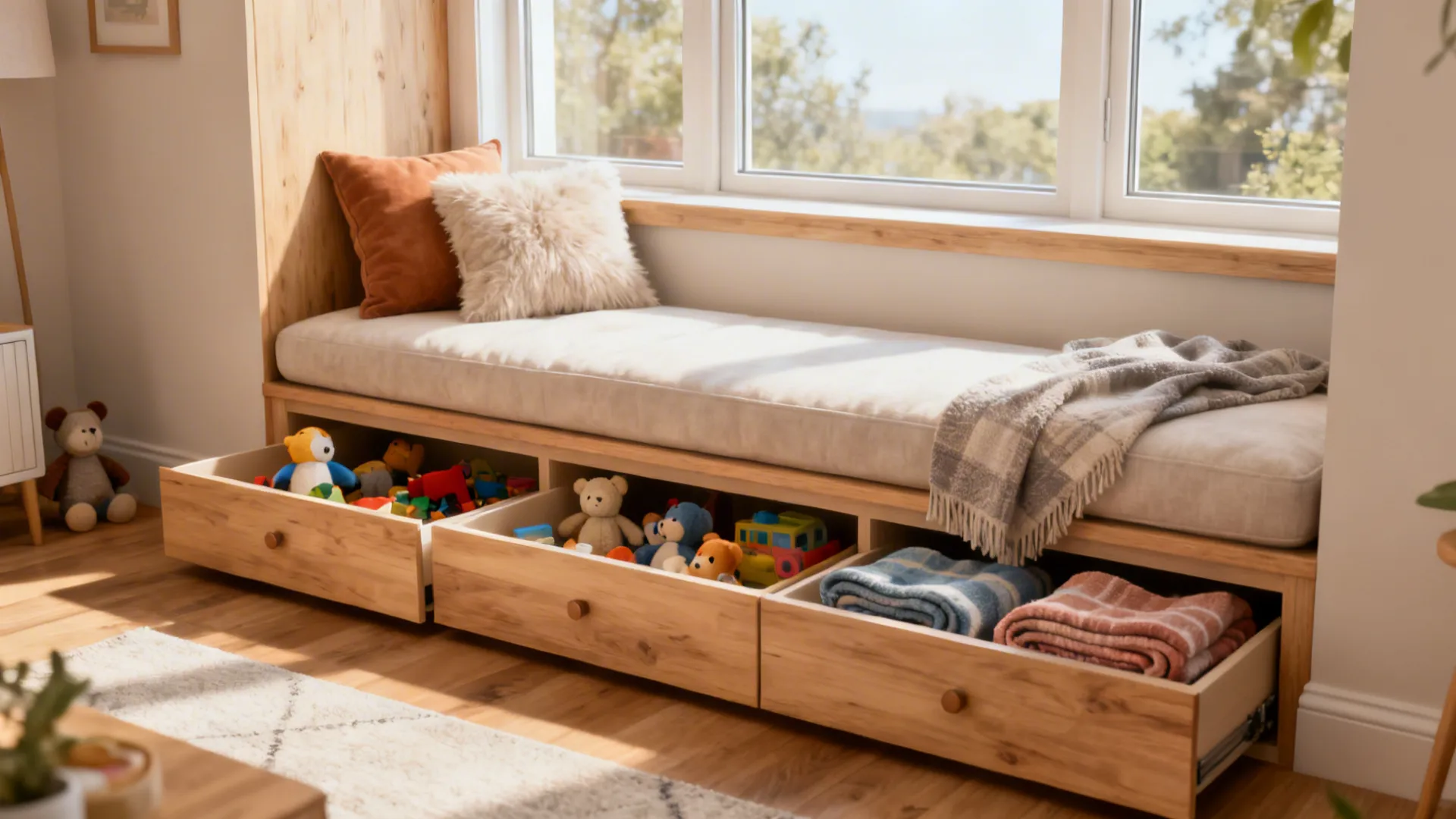 Built-in cushioned bench with storage drawers beneath a bright window.