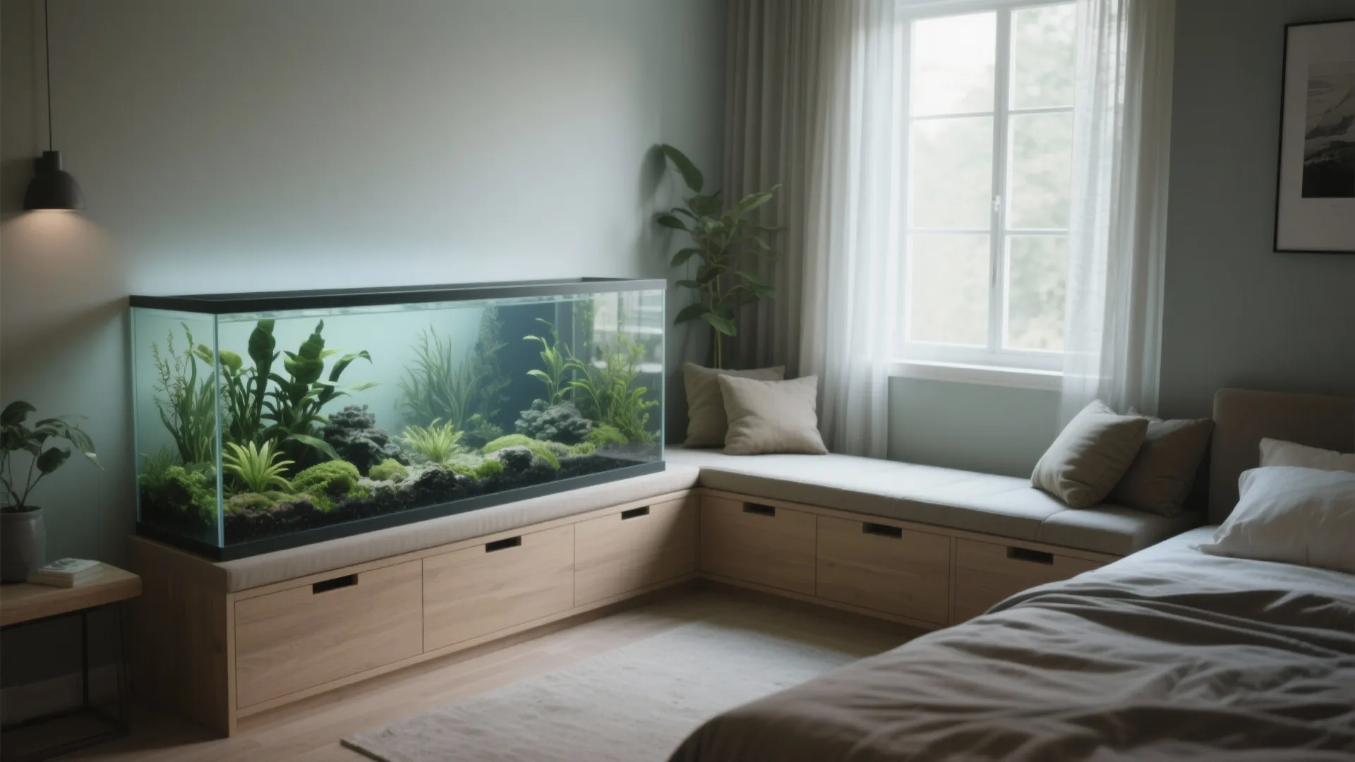 Large fish tank placed on wood storage bench next to window in a modern bedroom