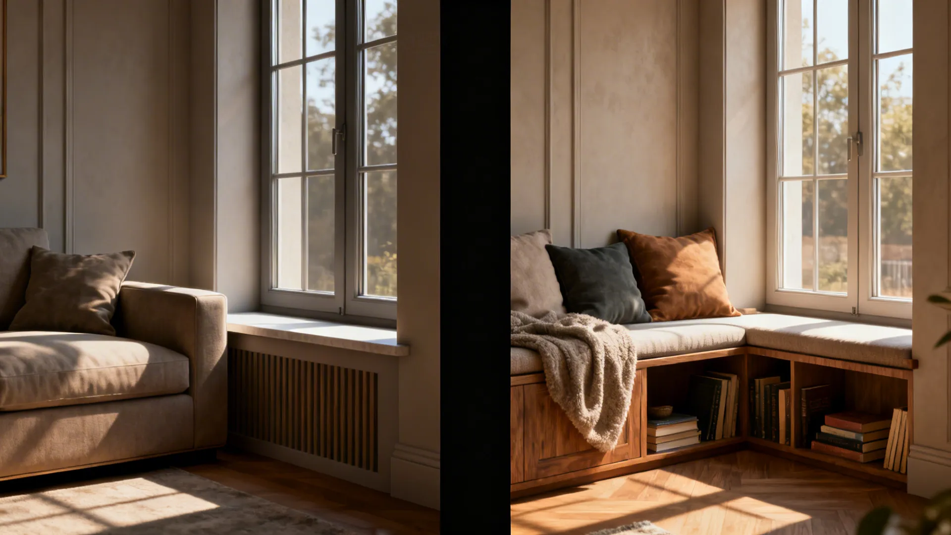 Before and after of a window sill converted into a bench with storage and cushions