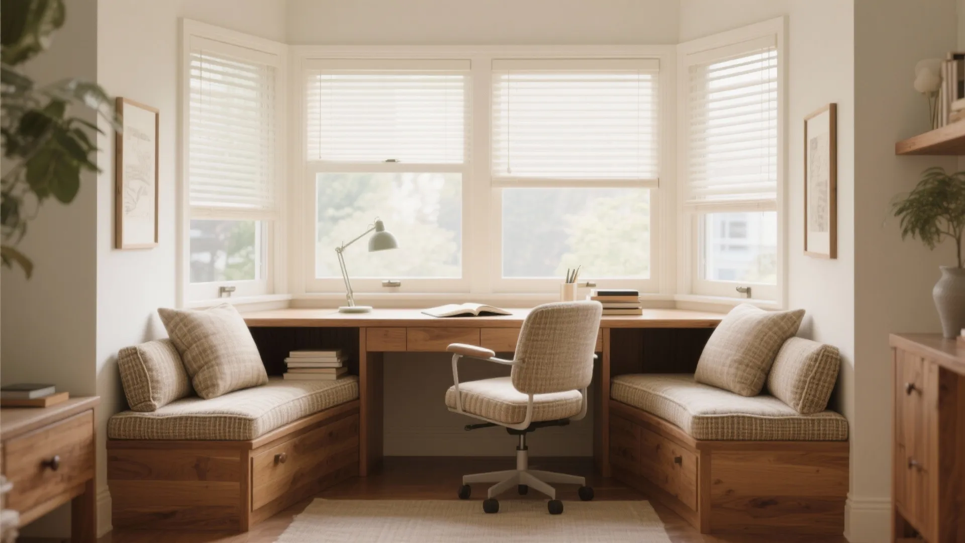 Wooden window desk with comfortable seating cushions plus a desk chair and warm natural light
