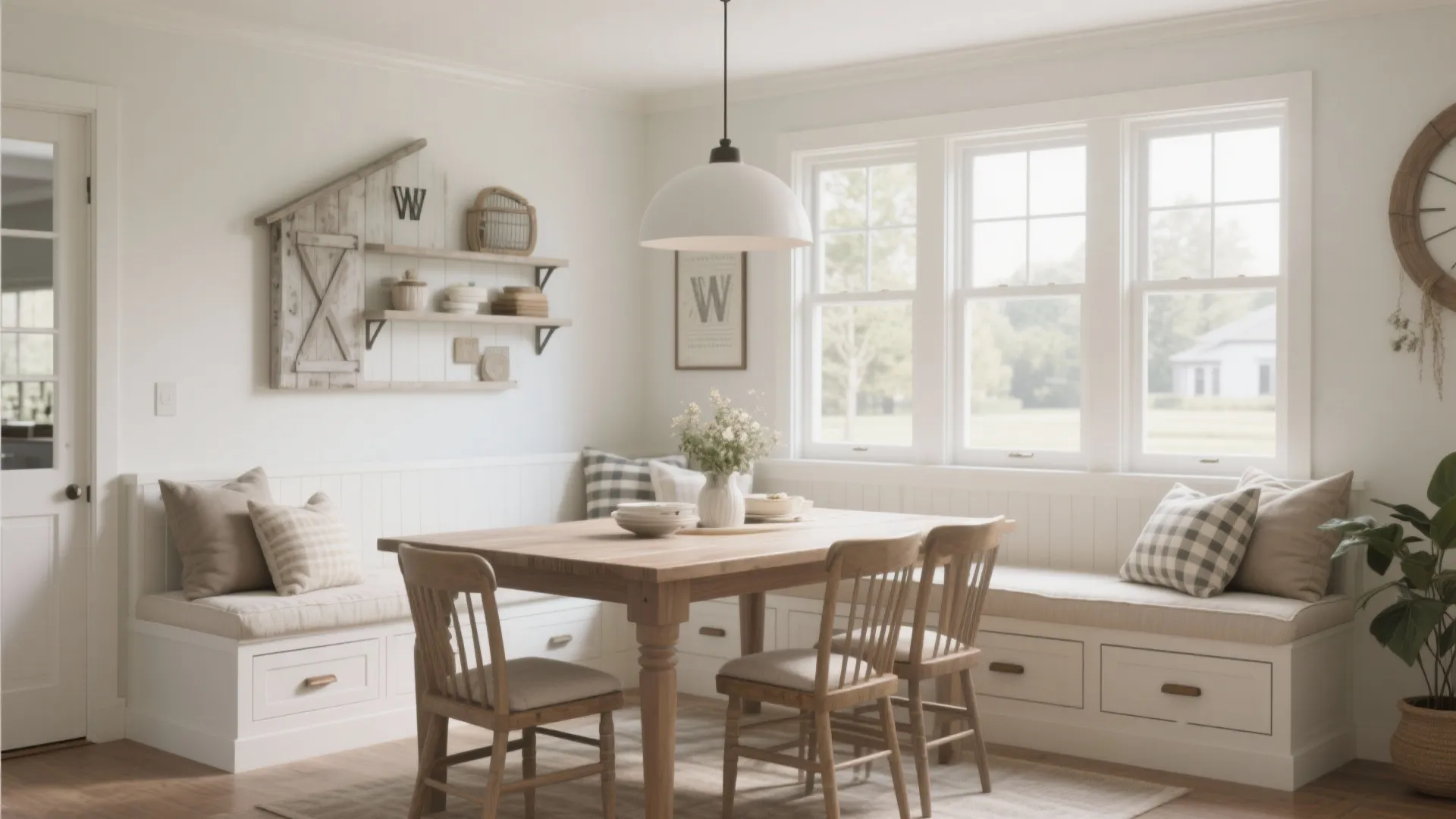 Dining area with a built-in window bench and cushions