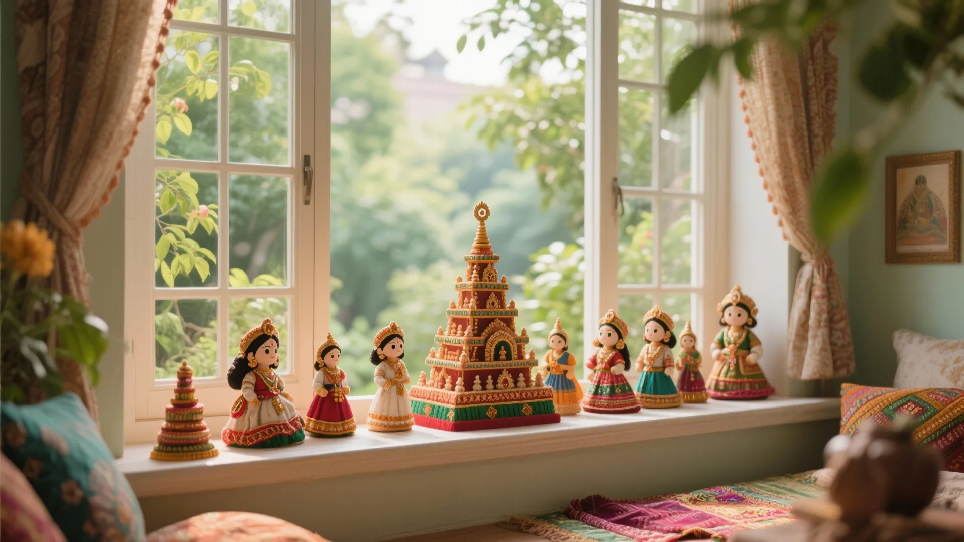 Many colorful traditional dolls and a tiered tower arranged on a white ledge near windows