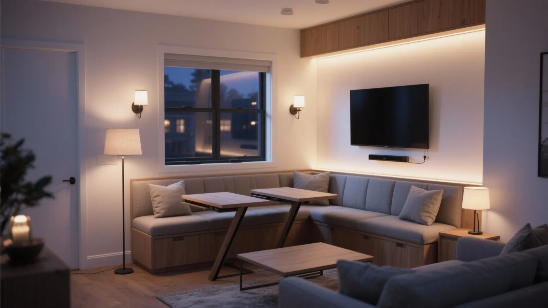 Window bench, fold-down table, and layered lighting for mood shifts