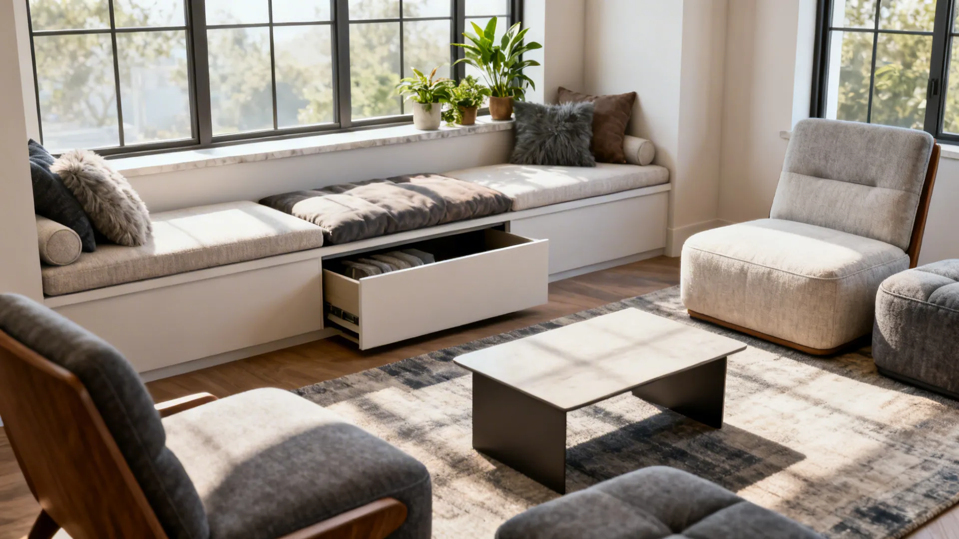 Window bench with storage paired with modular seating pieces in a small living room.