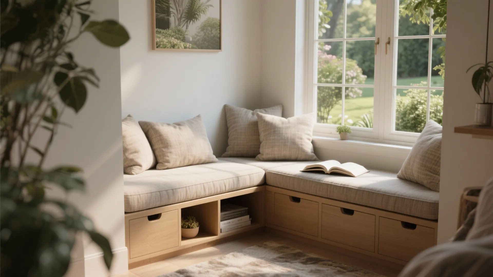 Cozy window seat nook with light cushions, wooden storage drawers, open book, and garden view