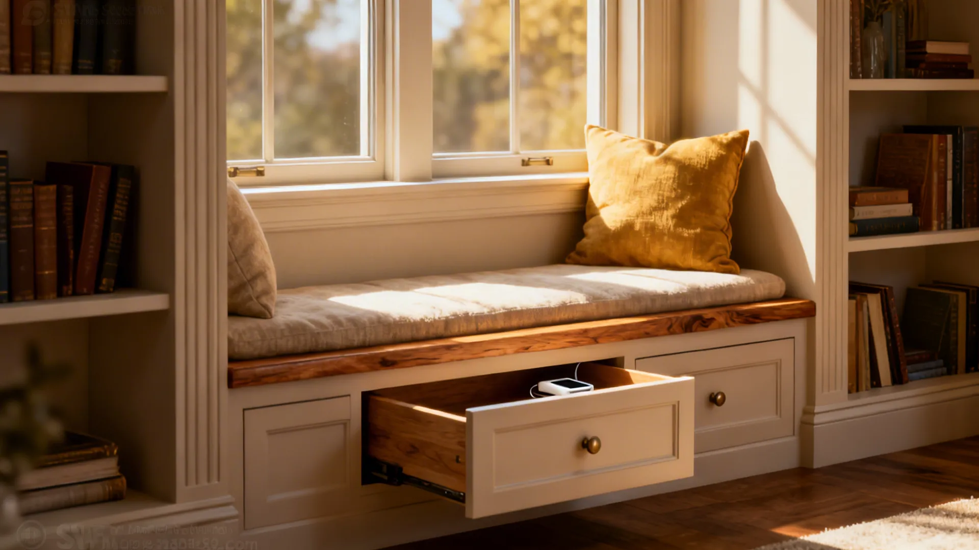 Window bench reading nook with surrounding built-in bookshelves and hidden drawer